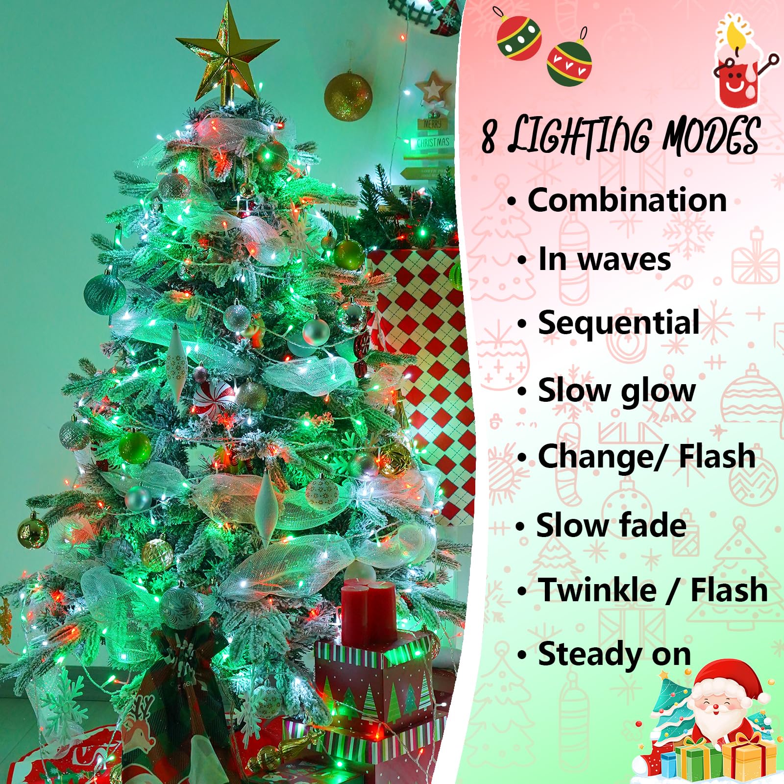 Yeguo 165Ft 500 Led Christmas Lights Outdoor Waterproof  Clear Wire String Lights Indoor Plug In  8 Modes Clear Wire Twinkle Tree Light For Xmas Party Garden(Red White And Green)