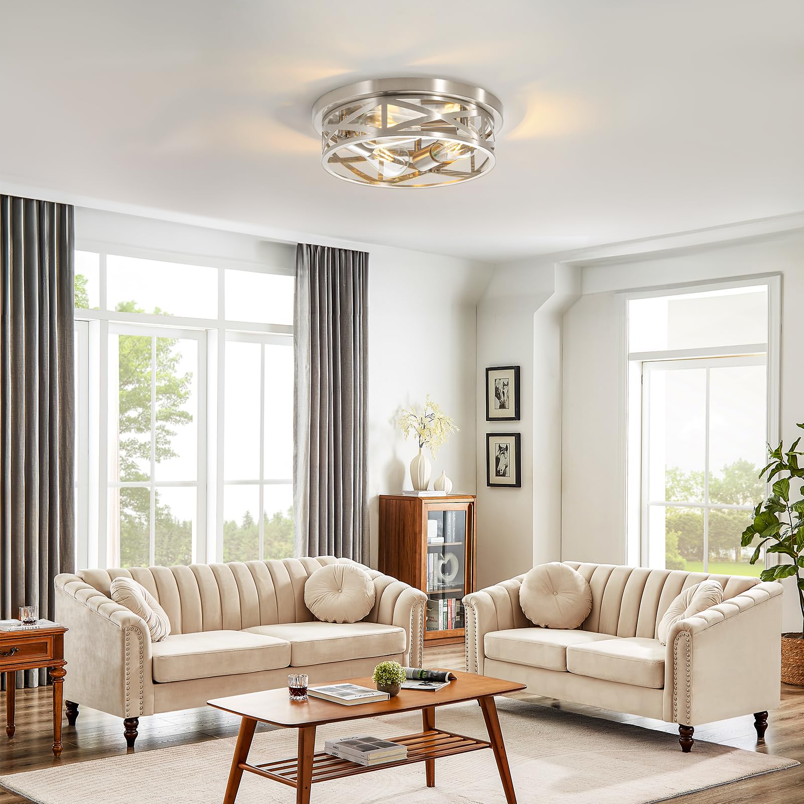 13 Inch Brushed Nickel Flush Mount Ceiling Light Fixtures,3-Light Industrial Farmhouse Ceiling Light Fixture,Brushed Nickel Ligh