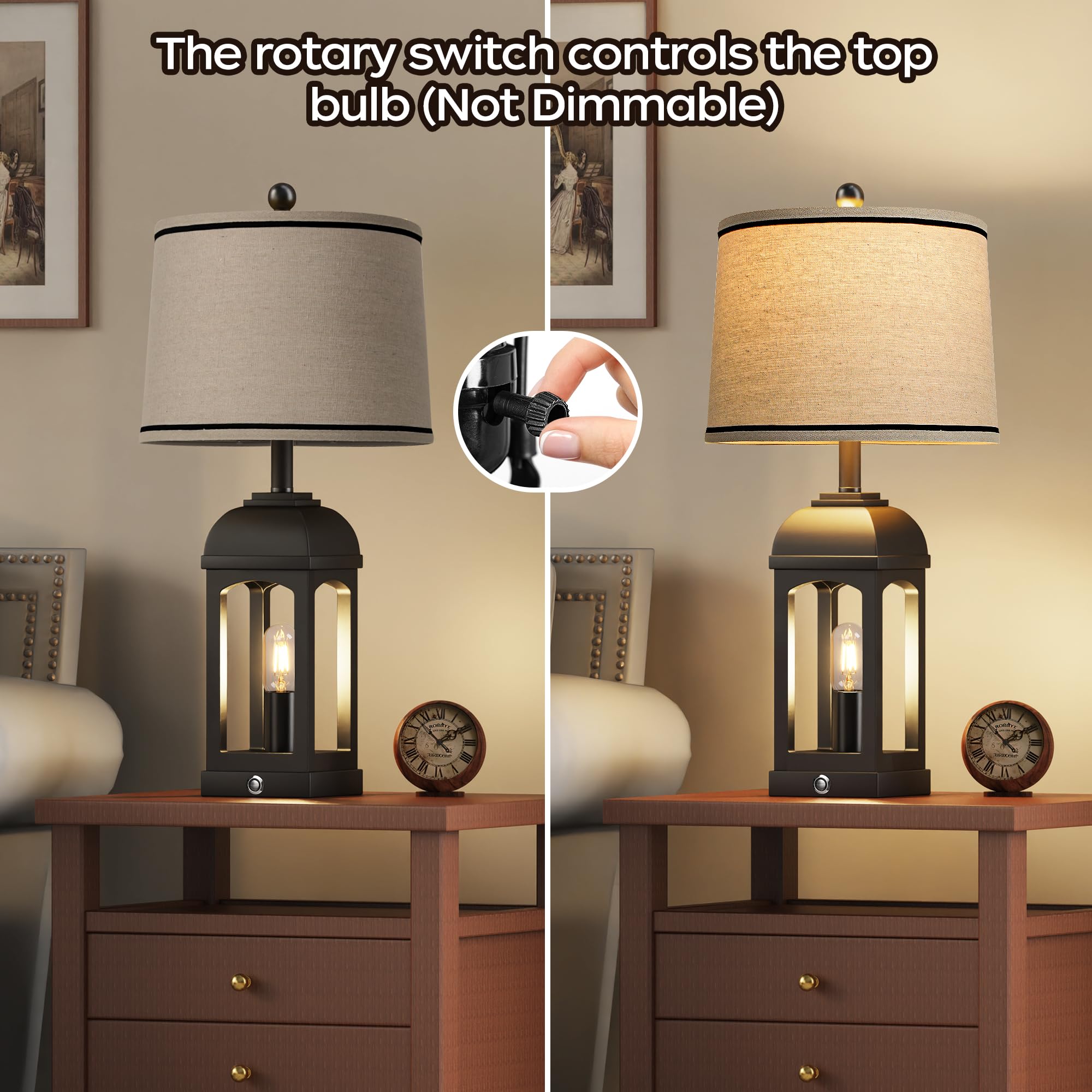 QiMH Rustic Table Lamp - 26" Touch Control, USB A+C, 3-Way Dimmable, Black, 1 Pack for Living Room & Bedroom