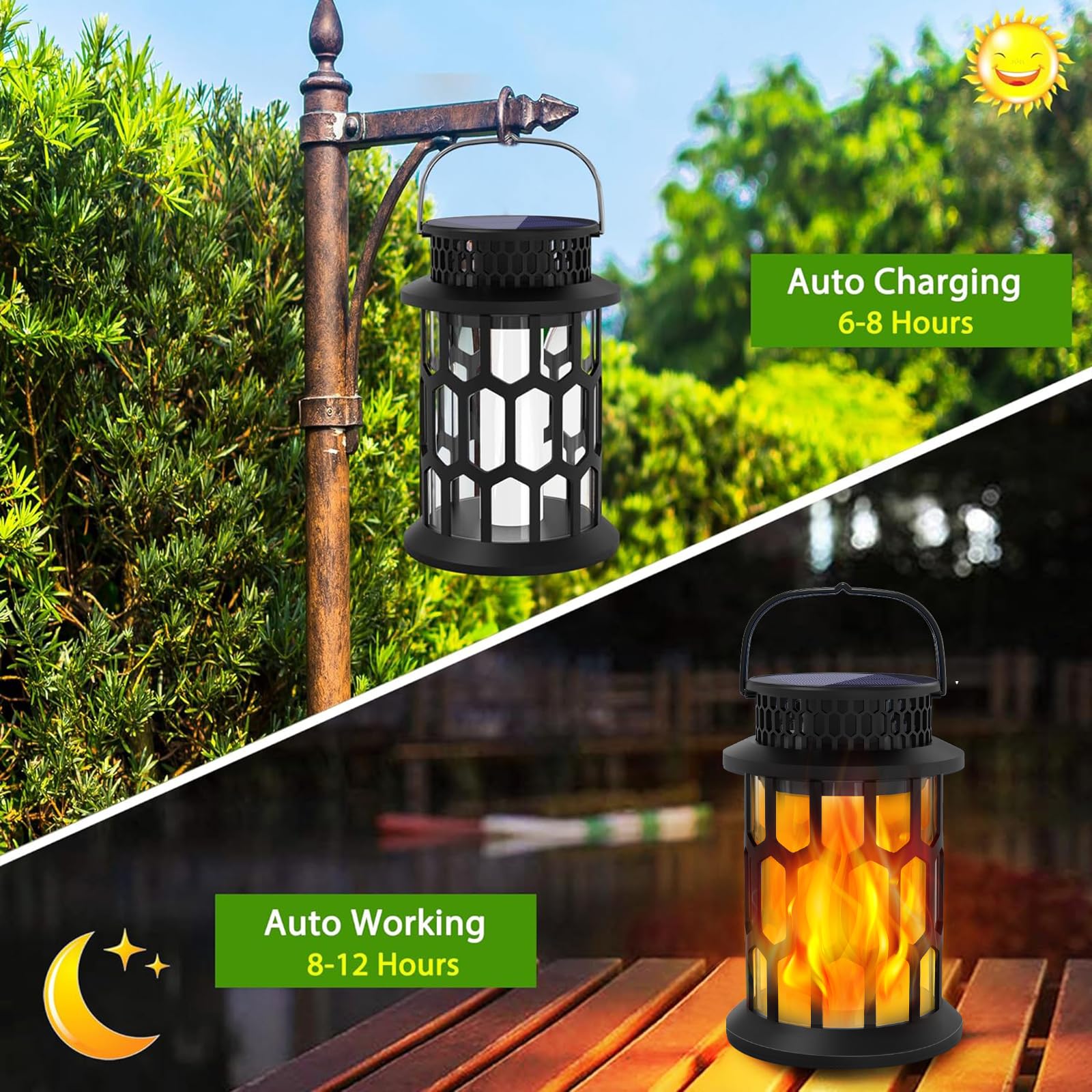 Solar Lights For Outside, Upgraded Solar Lanterns Flickering Flame Outdoor Waterproof Hanging Lanterns Decorative Solar Powered