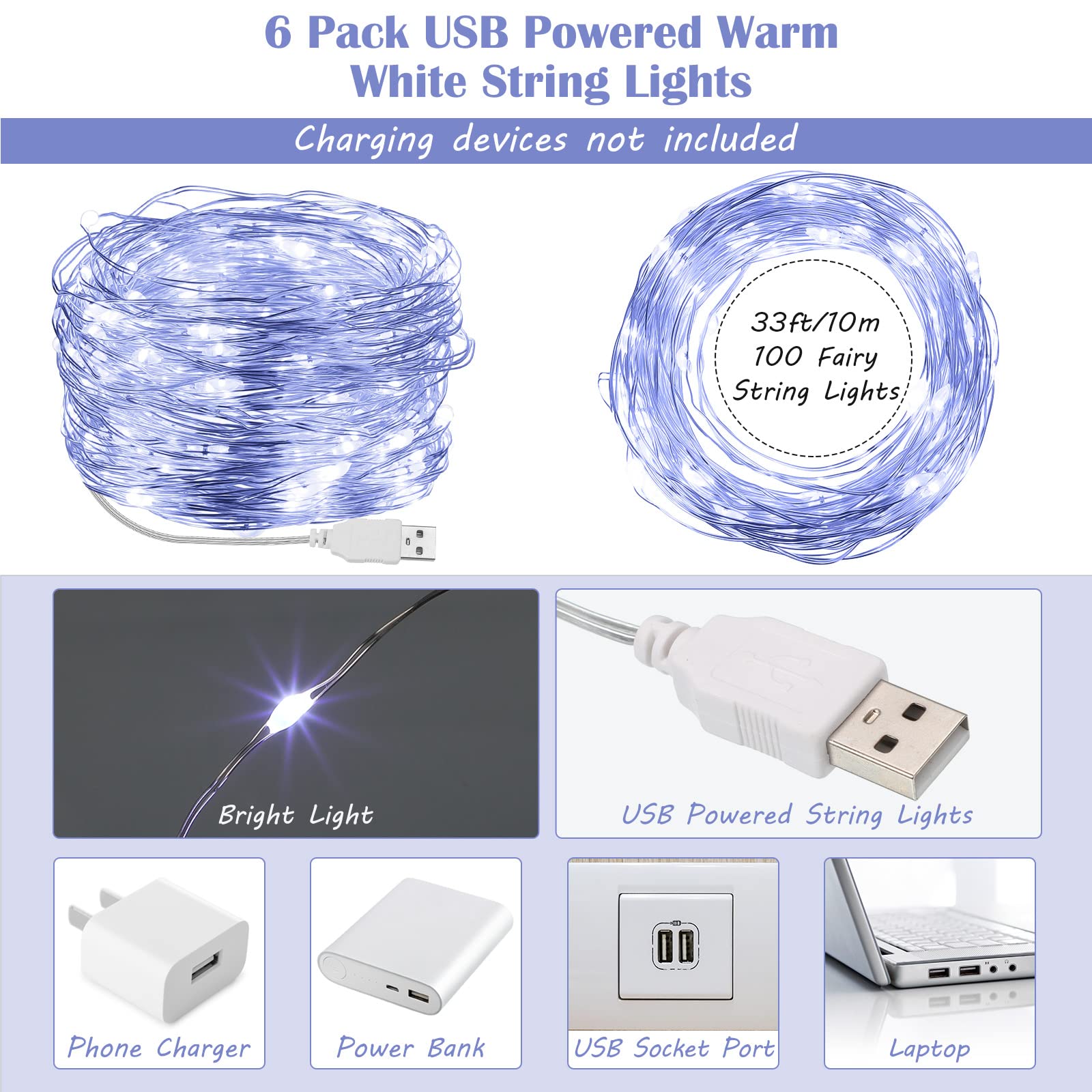 Macarrie Usb String Lights 33 Ft 100 Led Fairy Lights Powered String Lights For Indoor Outdoor Wedding Party Tree Home Festival Garden Decoration (Cool White, 6 Pcs)