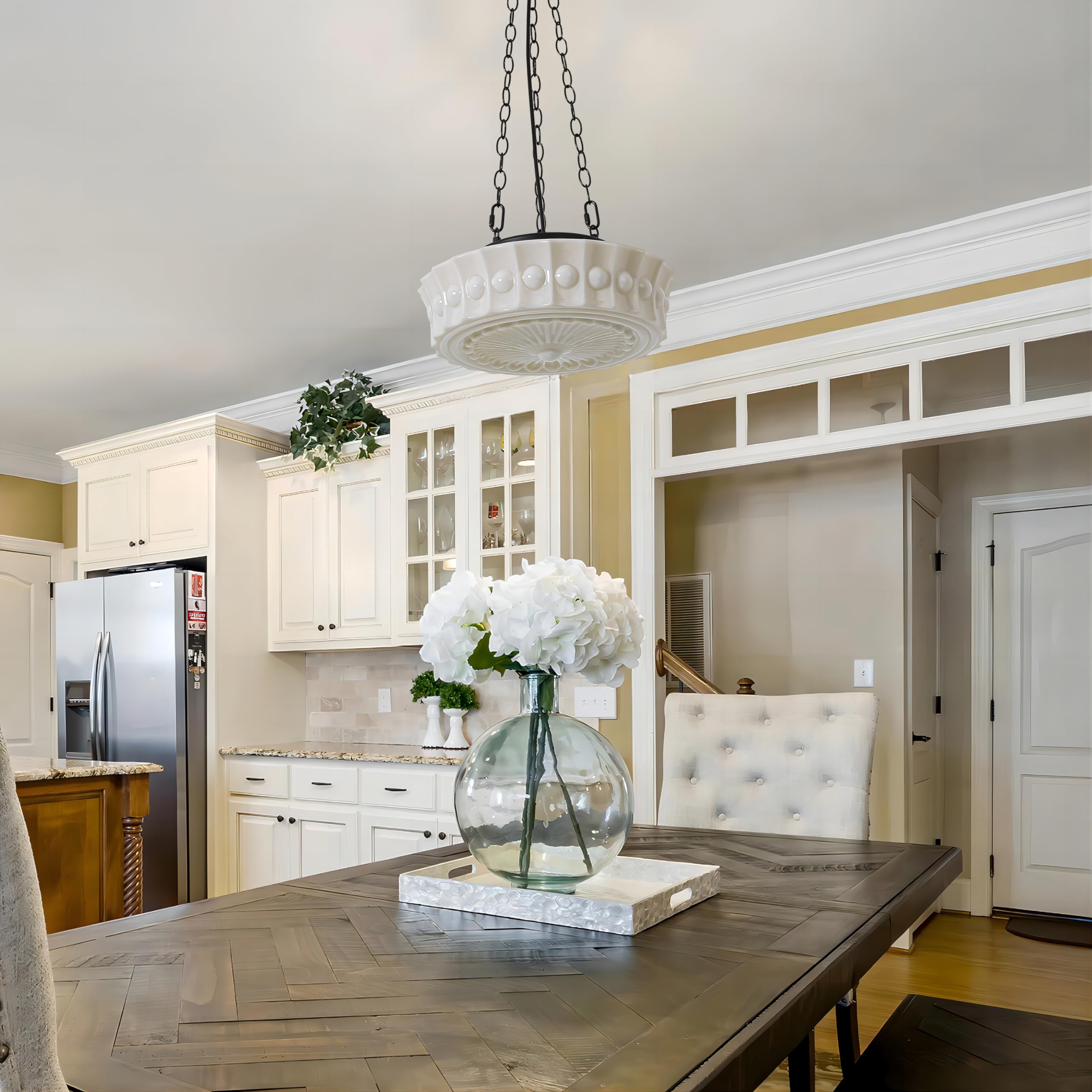 FCTWAKS 14 Cream Yellow Milk Glass Pendant Light - Mid Century Modern Hanging Fixture, Vintage Chandelier with 4 Dimmable G9 Bulbs, 3000K