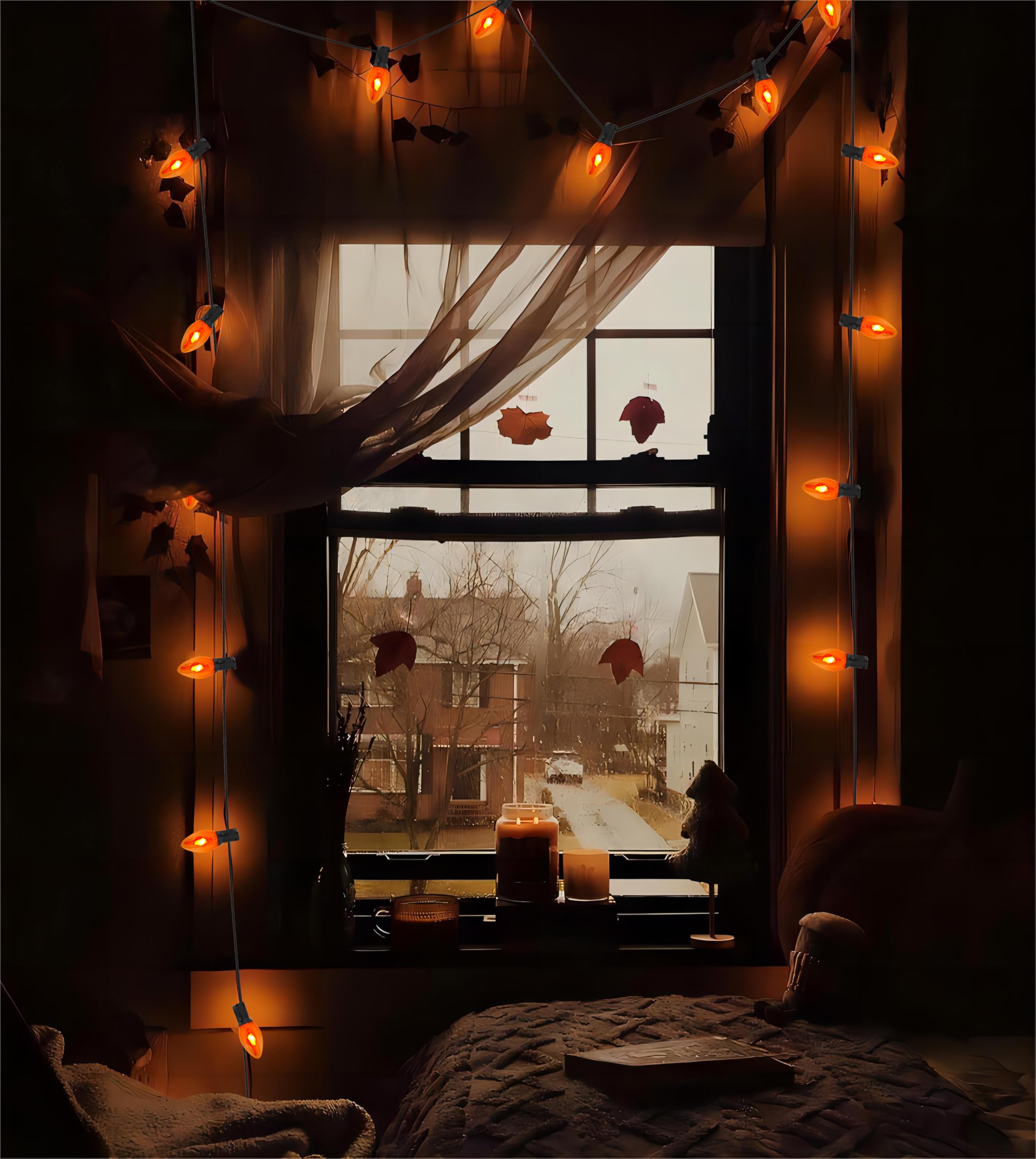 Orange Halloween Lights, 25Ft C7 Outdoor Flickering Flame String Lights With 25 Bulbs, Plug-In Decorations For Indoor/Outdoor Pa