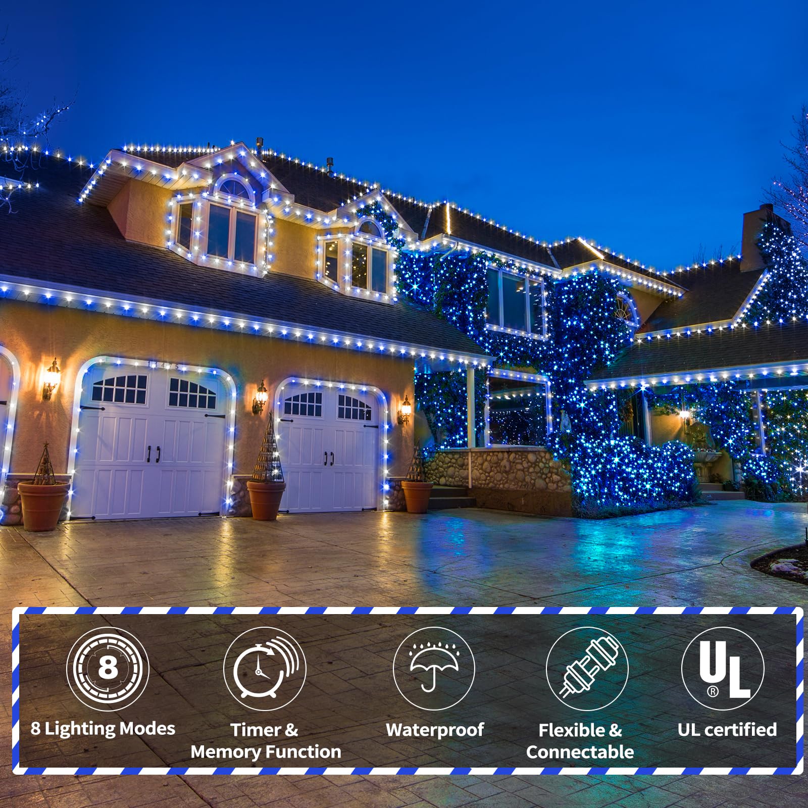 150Ft Led Rope Lights Outdoor  1080 Led Connectable And Flexible Tube Lights With 8 Modes  Waterproof Led Rope Lighting For Garden Patio Bedroom Party Pool Indoor Outdoor Christmas Decor (White&Blue)