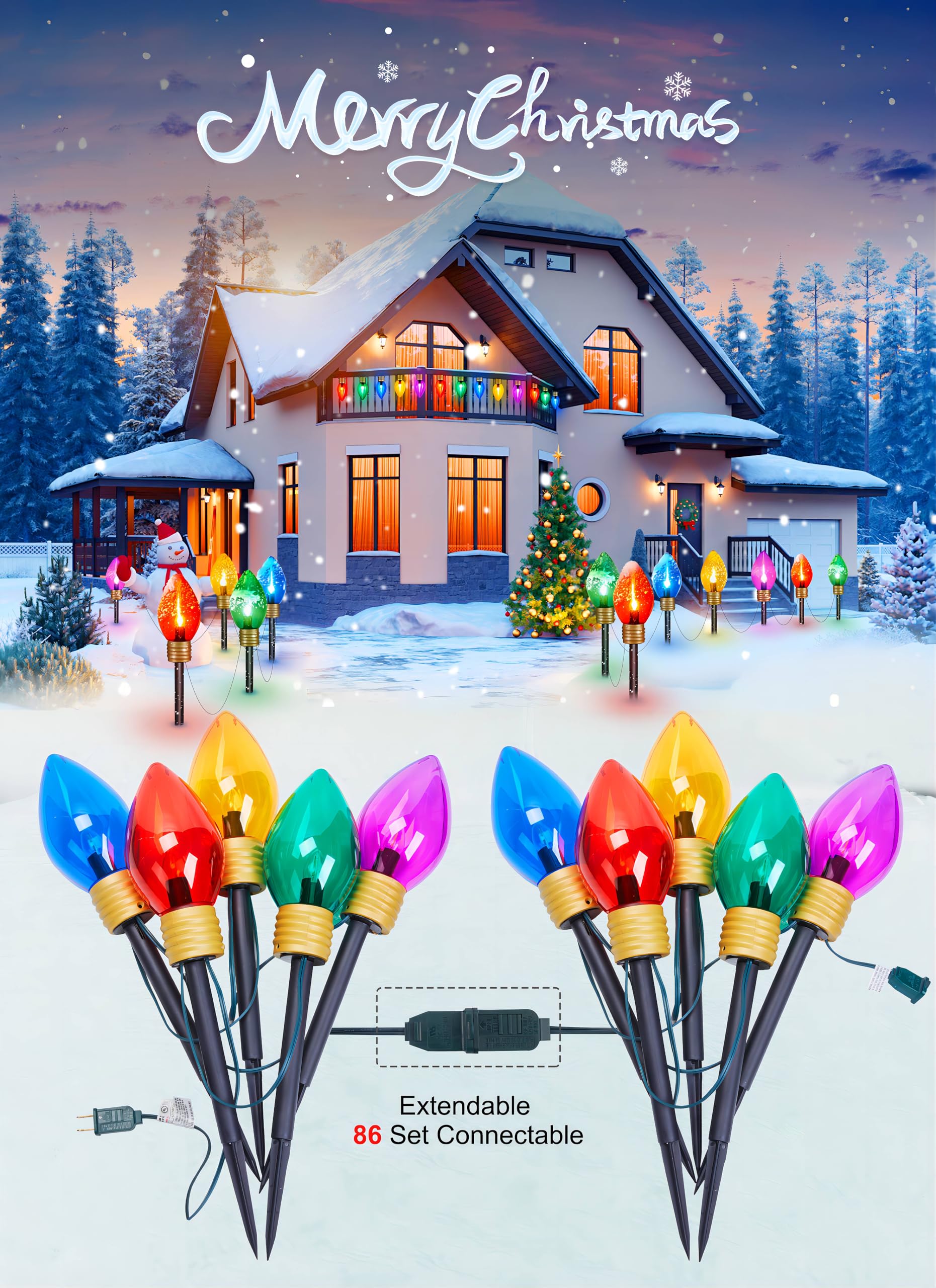 2 Pack Jumbo C9 Christmas Pathway Lights Outdoor Decorations Lawn With Stakes,Tota 17Ft 10 Led String Lights Covered Jumbo Multi