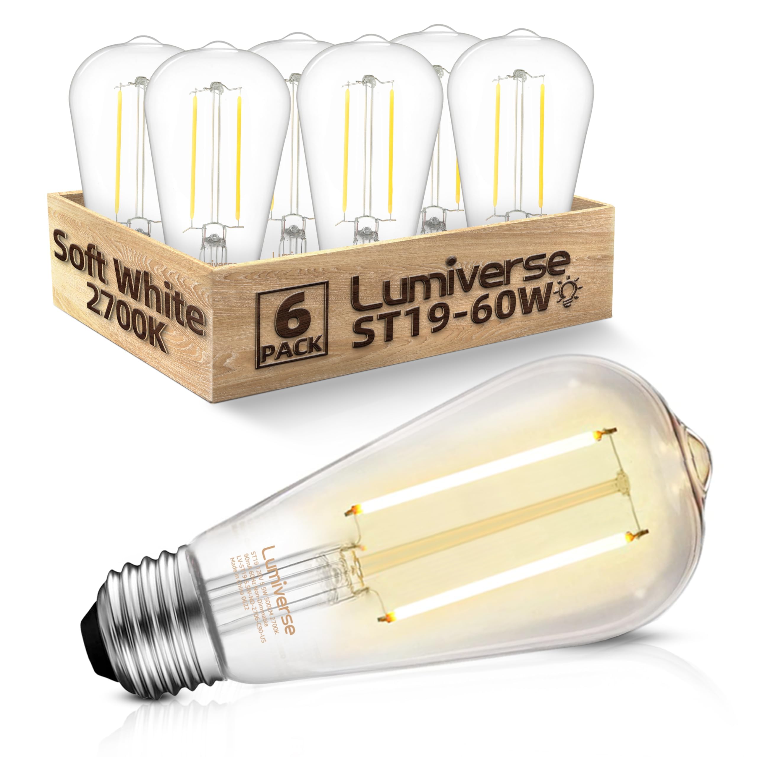 St19 Led Edison Bulb, 5.5W (60W Equivalent) 500Lm Cri 95+, Non-Dimmable, 2700K Soft White, E26 Medium Base, Vintage Filament, Cl