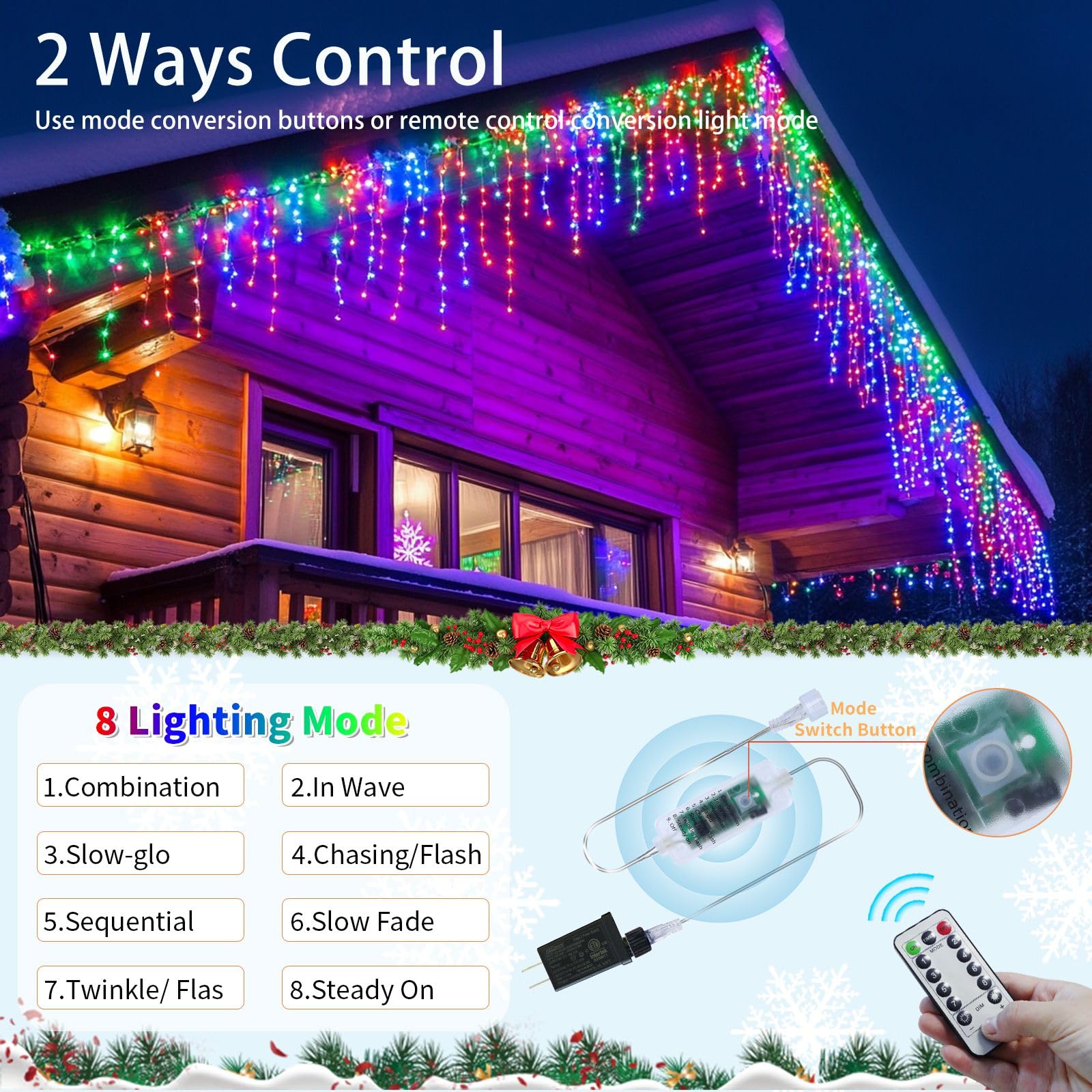 Icicle Christmas Lights For Outdoor, 75Ft 600 Led 8 Modes Led Icicle Twinkle Lights, Plug-In Icicle Lights Warm Multicolor 2In1