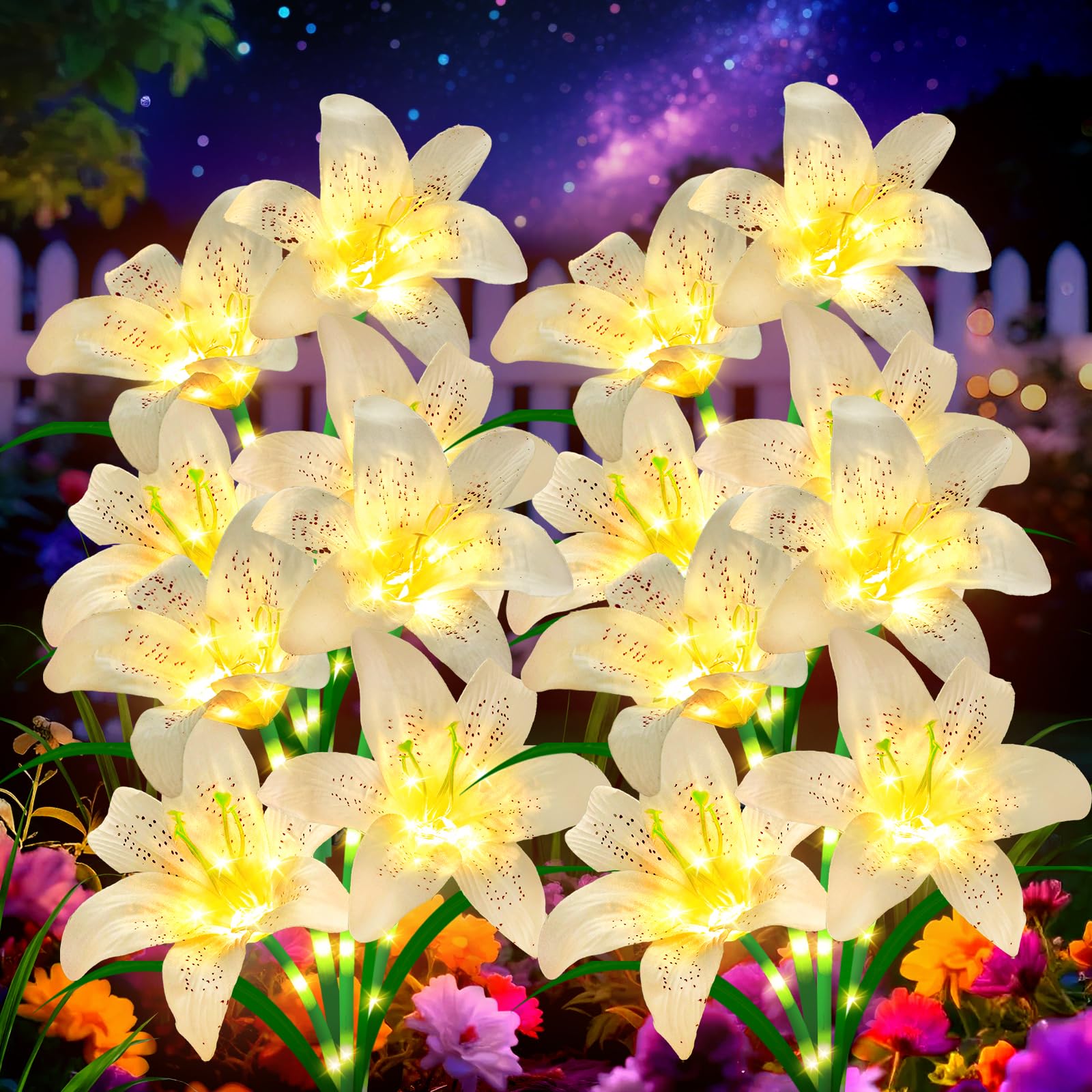 Solar Garden Lights 4 Pack 16 White Lily Flowers, Gifts for Mom Woman Birthday Outdoor Solar Flower Lights,Cemetery Flowers for 