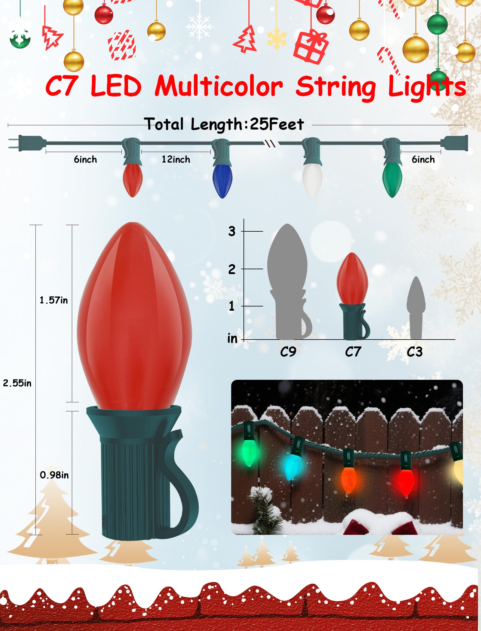 C7 Led Colorful Christmas Lights Outdoor  25Ft Christmas Decorations String Lights With 27 Led C7 Ceramic Multicolor Bulbs  Hanging Vintage Christmas Lights For House Roofline Tree Patio Yard Party