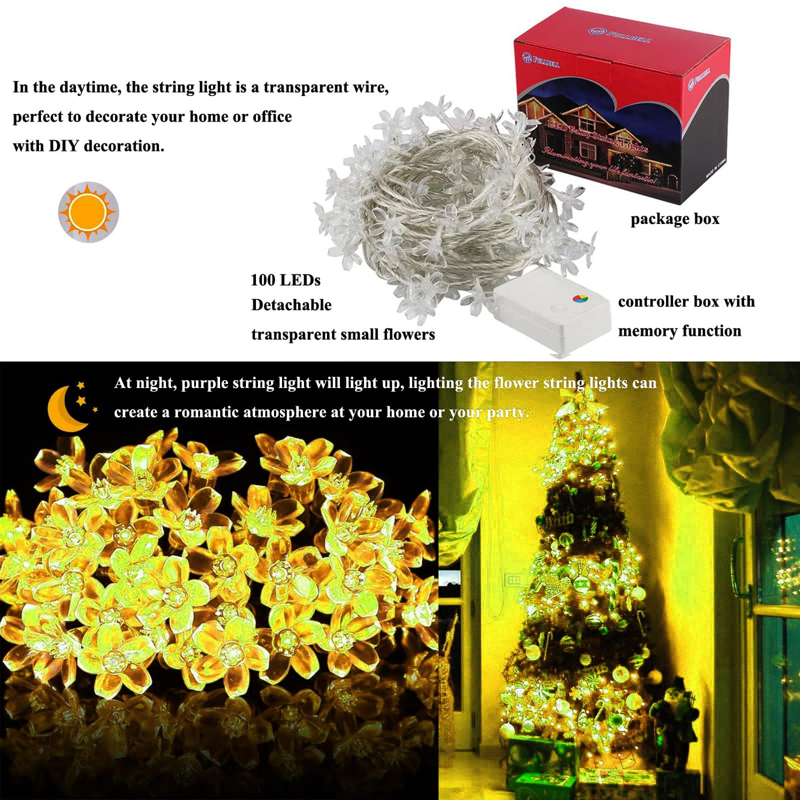 Fullbell Fairy Lights Christmas Decorations Flower String Lights Home Decor 33 Feets 100 Led Memory Indoor Outdoor String Lights