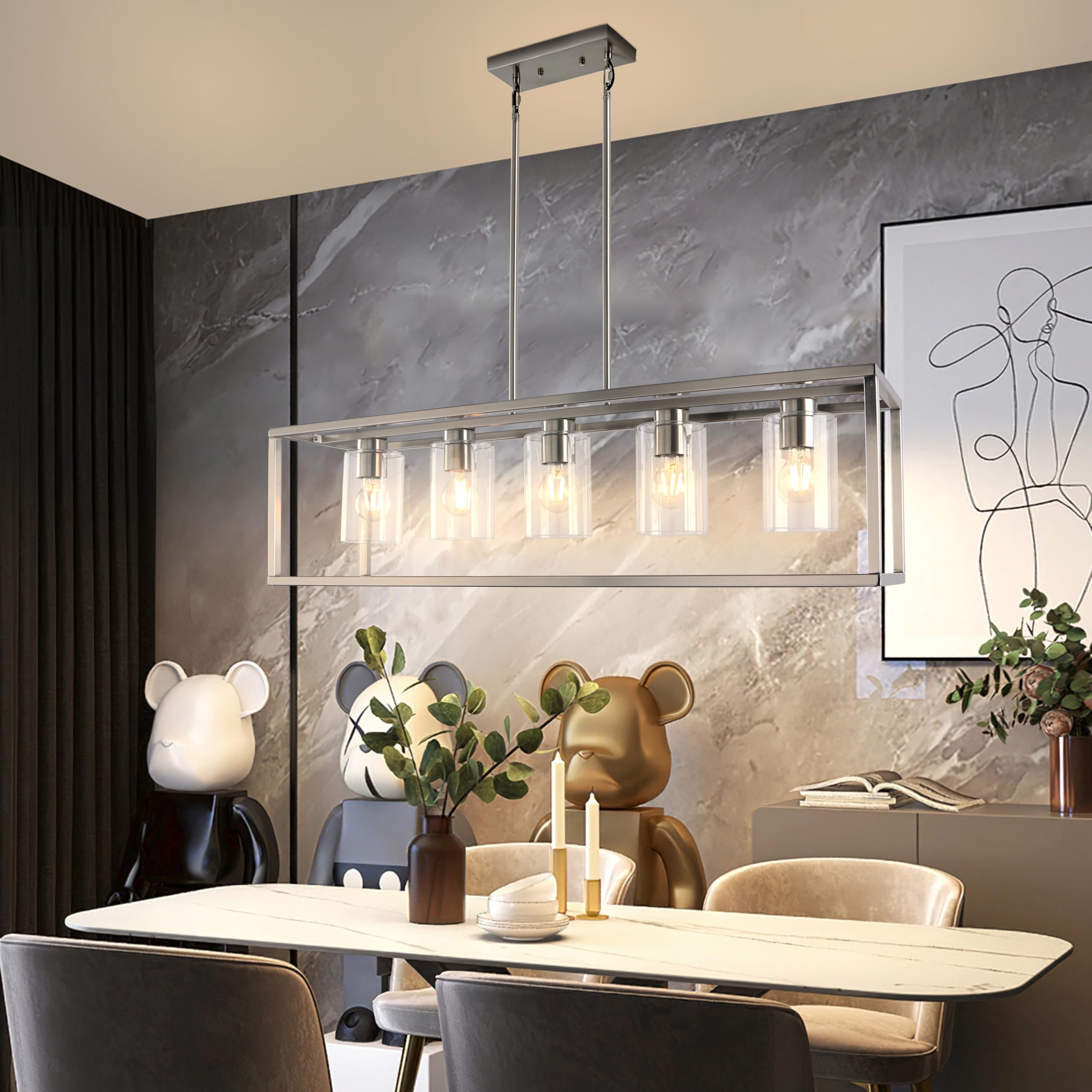 Kalium 5-Light Chandelier Pendant Light Fixture - Modern Metal Industrial Design, Silver Finish, Easy Installation for Dining Room & Kitchen
