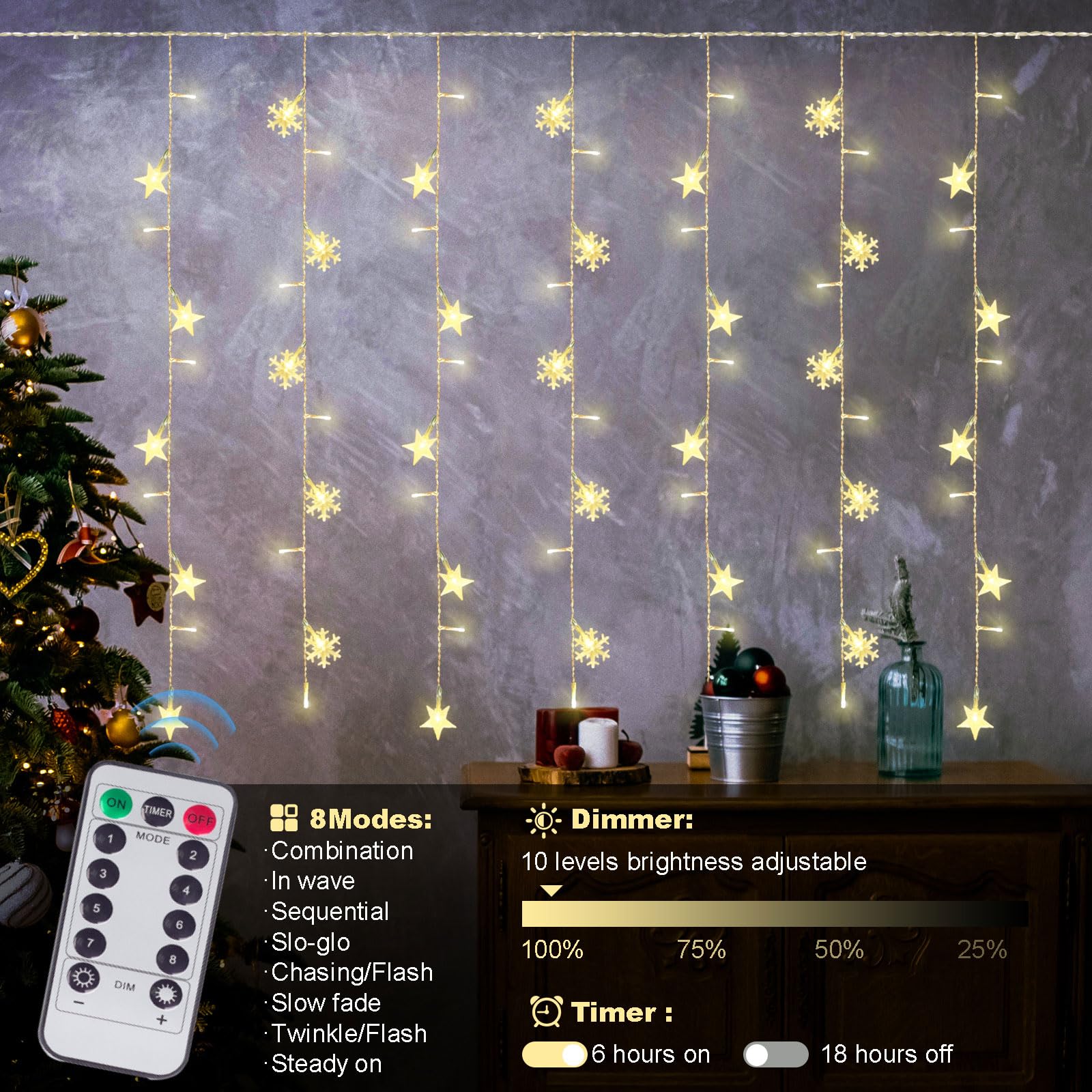 Newhale 8 Modes Christmas Curtain String Lights With Snowflake And Star, Usb Plug In Wall Lights Christmas Decorations For Indoor Or Outdoor, Christmas Window Lights Decor, Warm White