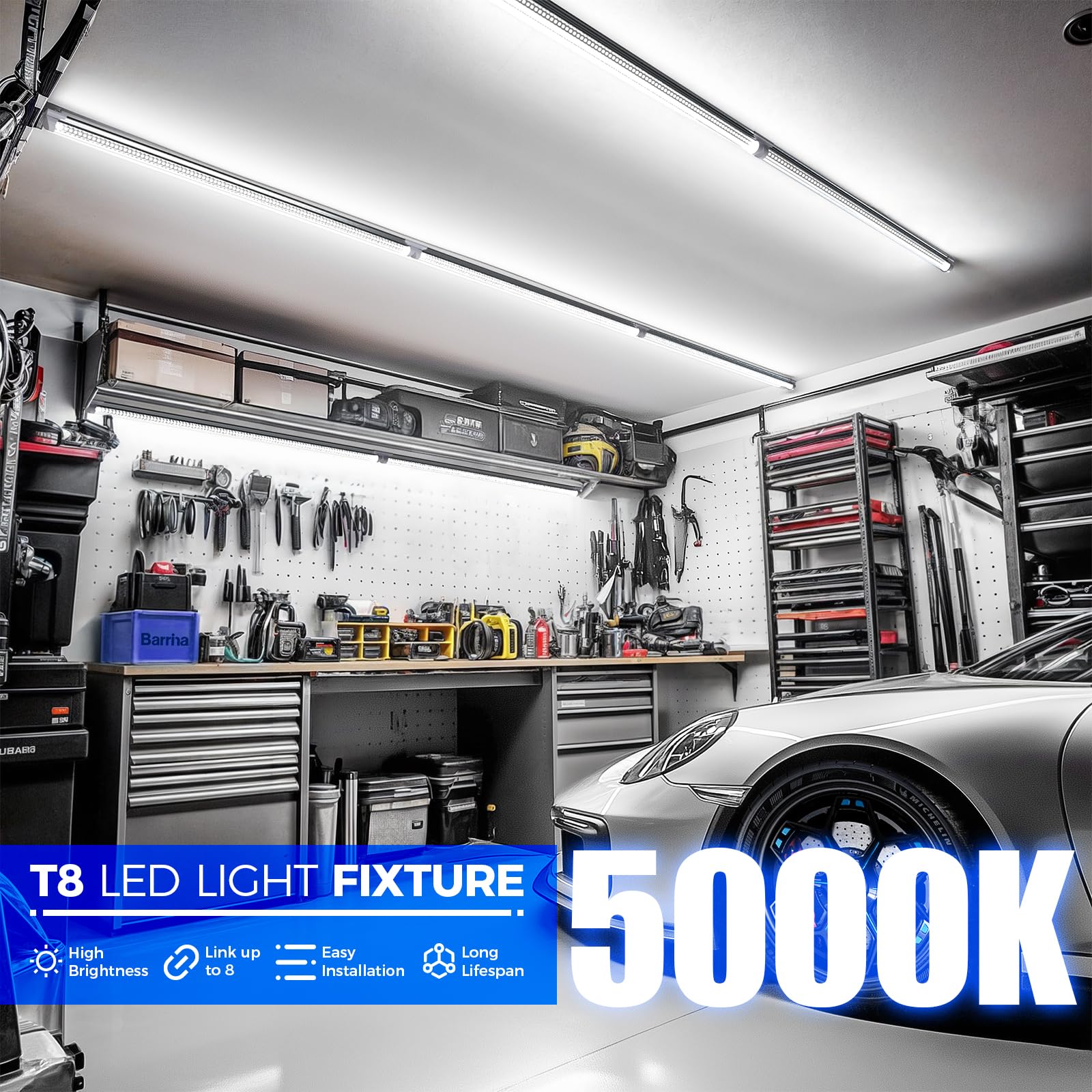 Barrina Led Shop Light, 3Ft 30W 4600Lm 5000K, Daylight White Hight Output Linkable For Workshop, V Shaped Clear Cover T8 Led Sho