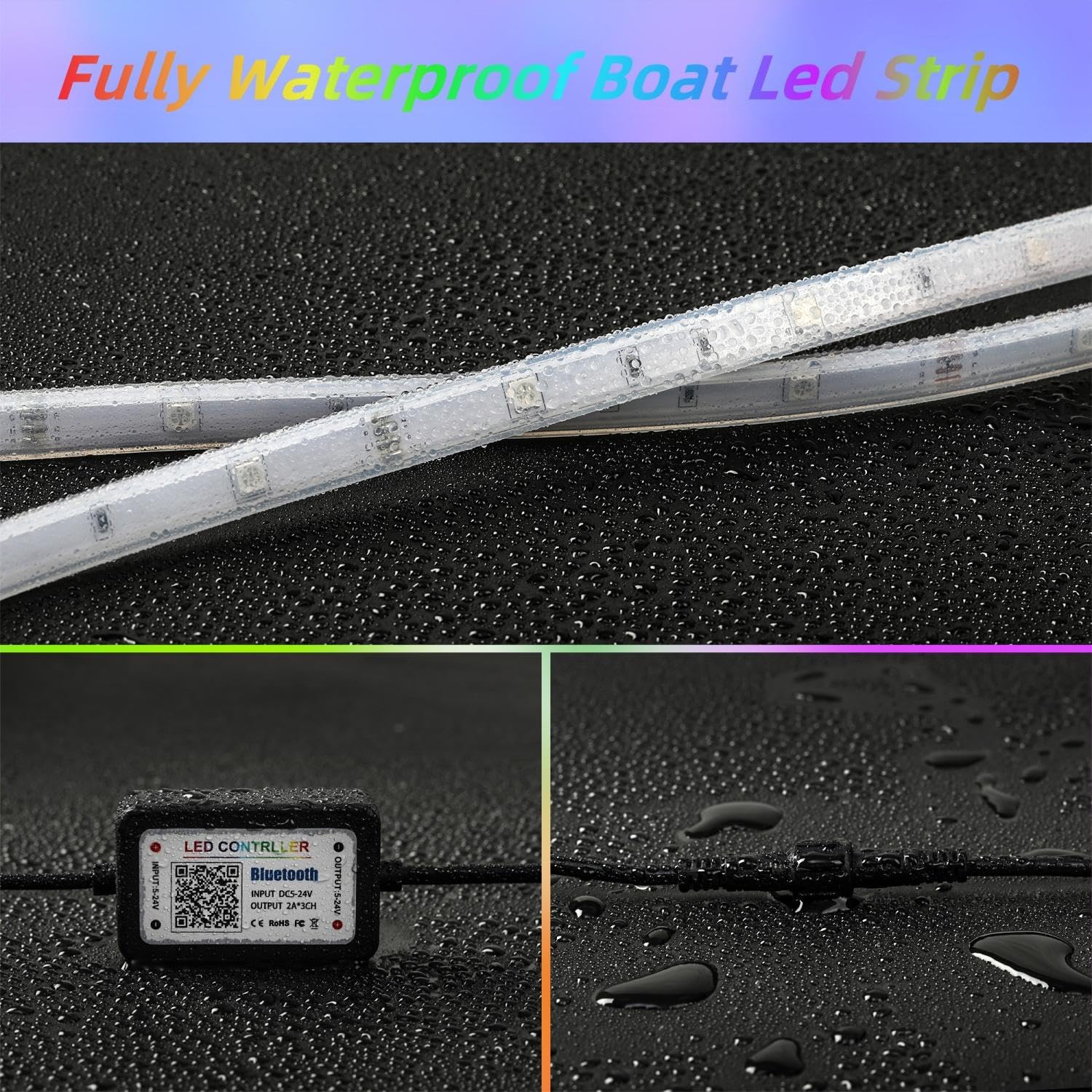 VIDLULTD Marine LED Strip Lights, 33FT RGB, IP67 Waterproof, Remote Control, Silicone, Model VLD07-ER45, Multicolor