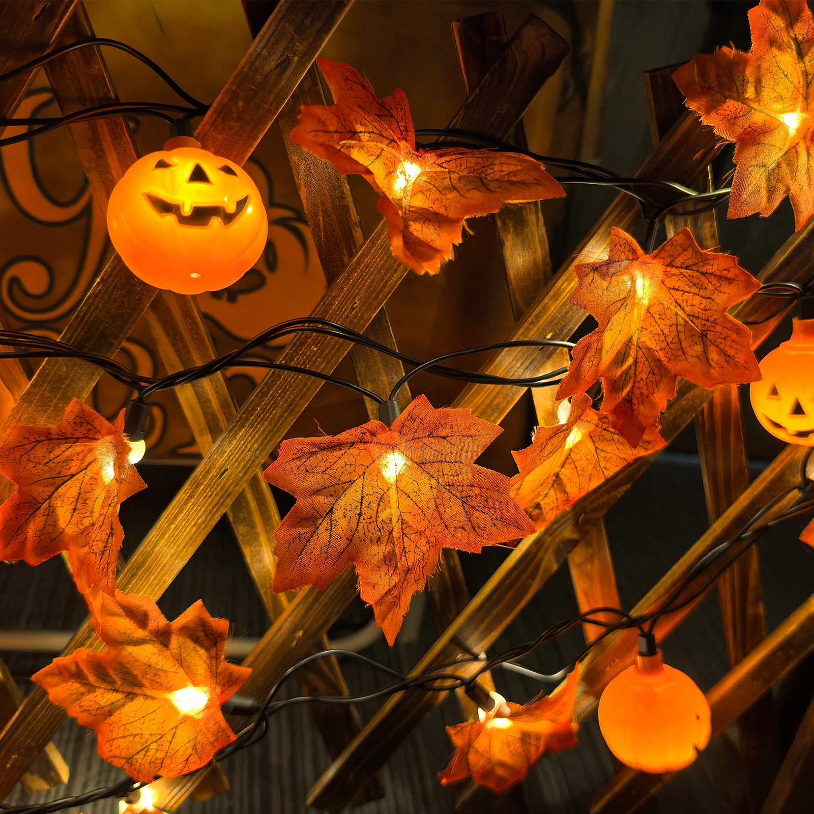13.6Ft Fall Decor Maples Leaf & Pumpkin String Lights, Hanging Outdoor Thanksgiving Decorations Lights With 25 Maple Leaves Lights And 10 Pumpkin Lights For Thanksgiving Harvest Halloween Porch Window