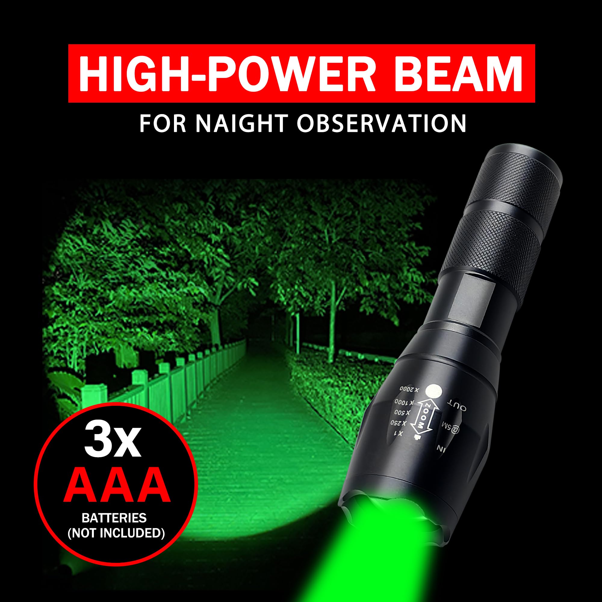 Souyos Green Light Flashlight, Single Mode Green LED Hunting, Zoomable Varmint Predator Coyote Hog, Green Flashlight for Night V