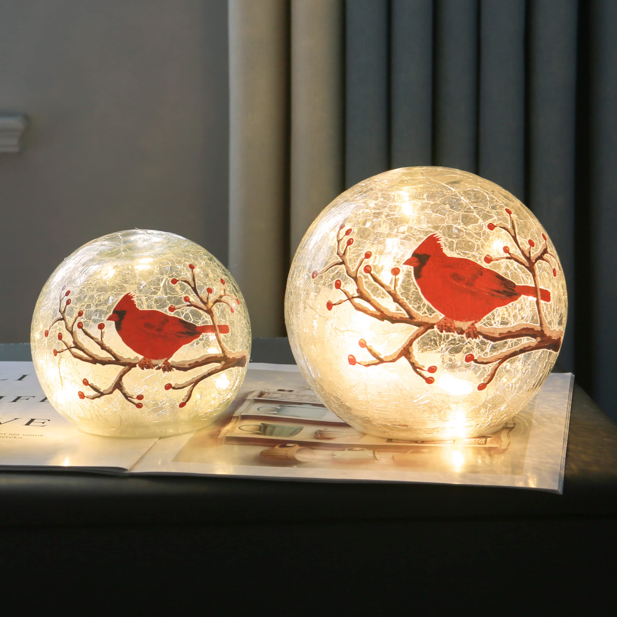 Kaowod  le Glass Ball Cardinal Lamp, 5in LED Night Light, Clear Stained Glass, Timer Feature, Red Cardinal Decor