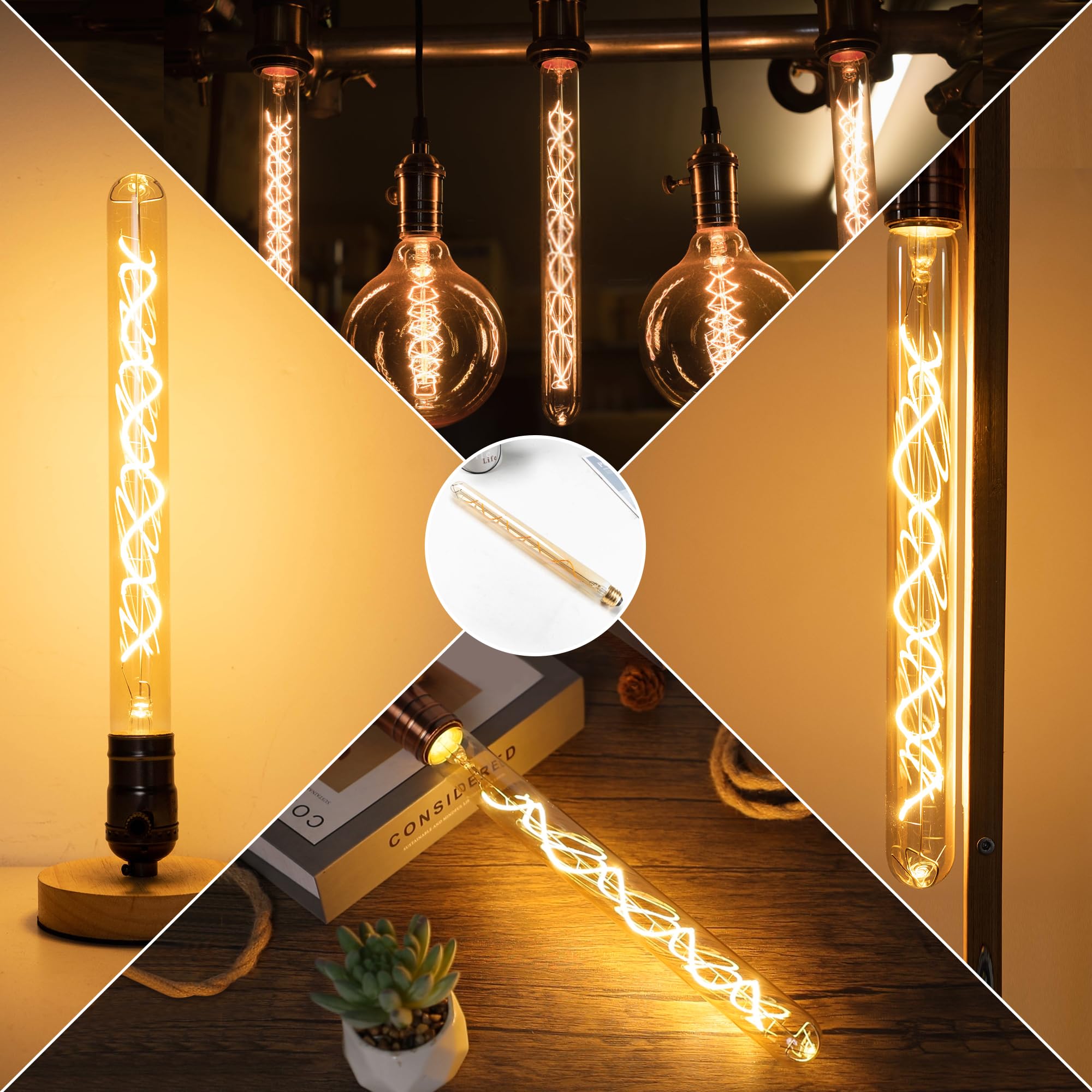 Grensk E26 Long Tubular LED Bulbs, 40W Amber Spiral Edison, 11.8inch T300, Dimmable Vintage Filament, 2700K Warm White,