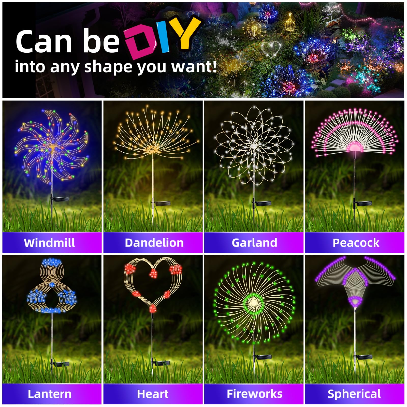 YOTOZU Solar Firework Lights - 4 Pack 120 LED Copper Wire String, Red, DIY Outdoor Garden Decoration for Walkway and Parties