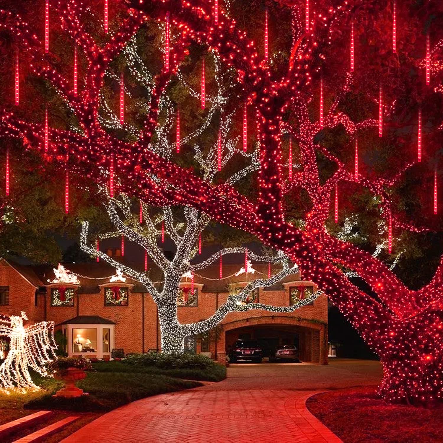 Jmexsuss Red Solar Meteor Shower Rain Lights, 8 Tube 144 Leds Solar Christmas Lights, Led String Lights For Xmas Halloween Tree