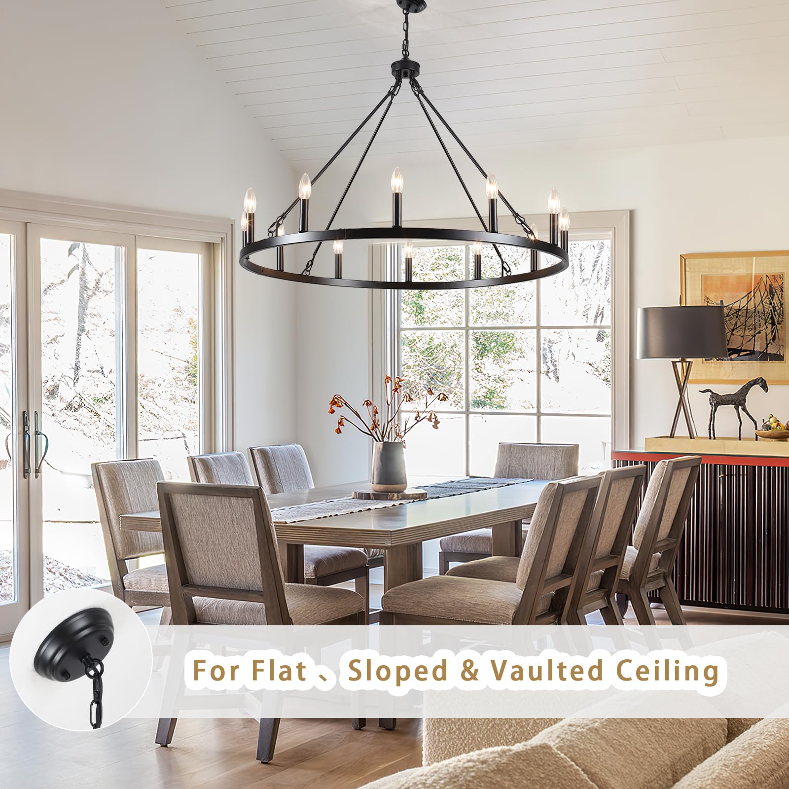 Wagon Wheel Chandelier 12 Light 38'' Large Black Farmhouse Chandelier For Dining Room Rustic Country Pendant Light Fixtures Hang