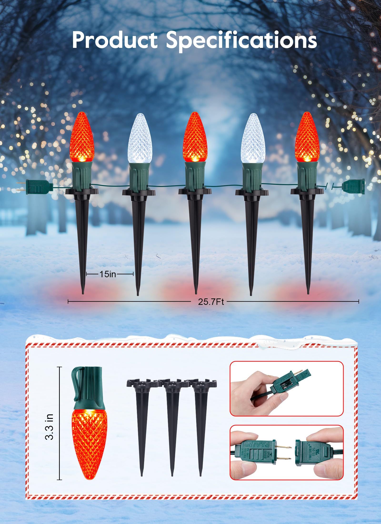 Brightown C9 Christmas Lights Outdoor, 25.7 Ft Strawberry C9 Christmas Pathway Lights With 20 Led Bulbs And Stakes, Christmas De