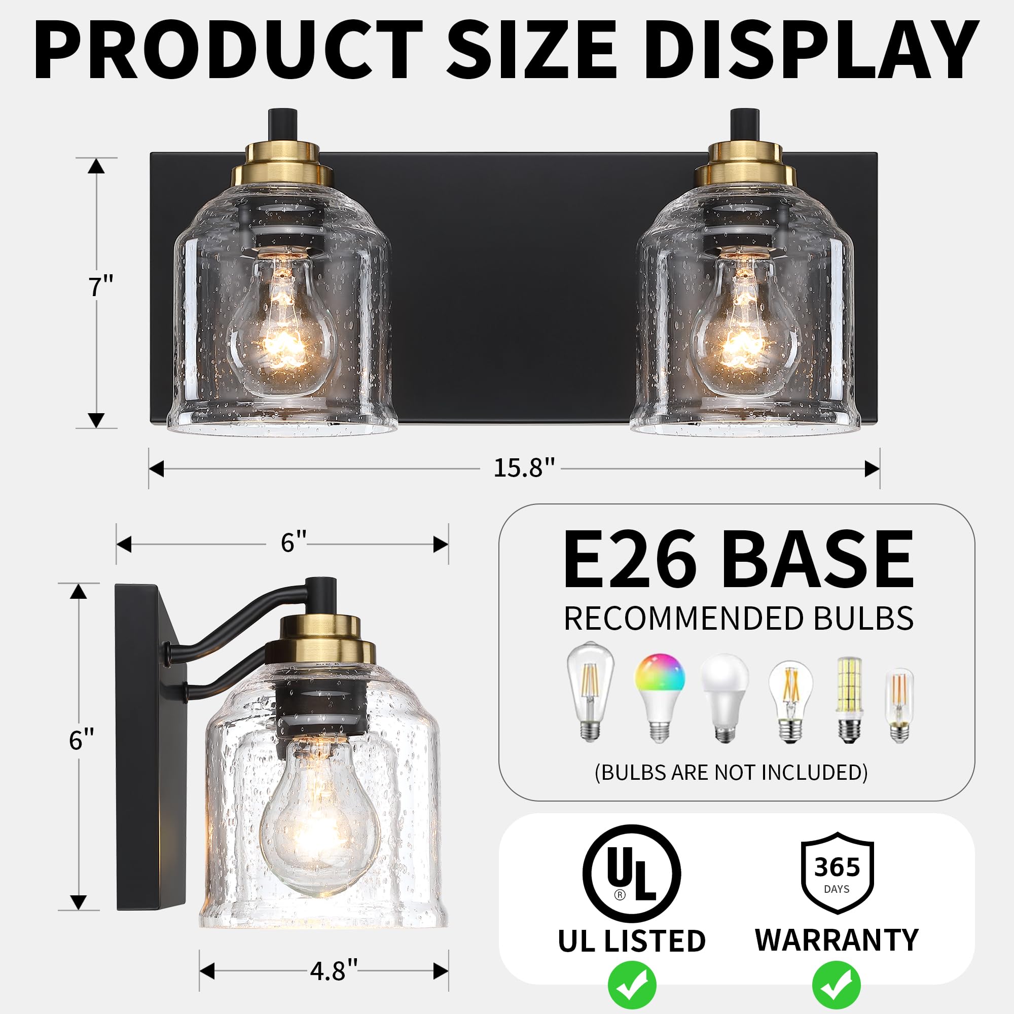 YKLITG Vanity Light Fixture, 2-Light, Black and Gold, Bubble Glass Shades, Farmhouse Rustic Design, Model BD005 S, 15.8in Size