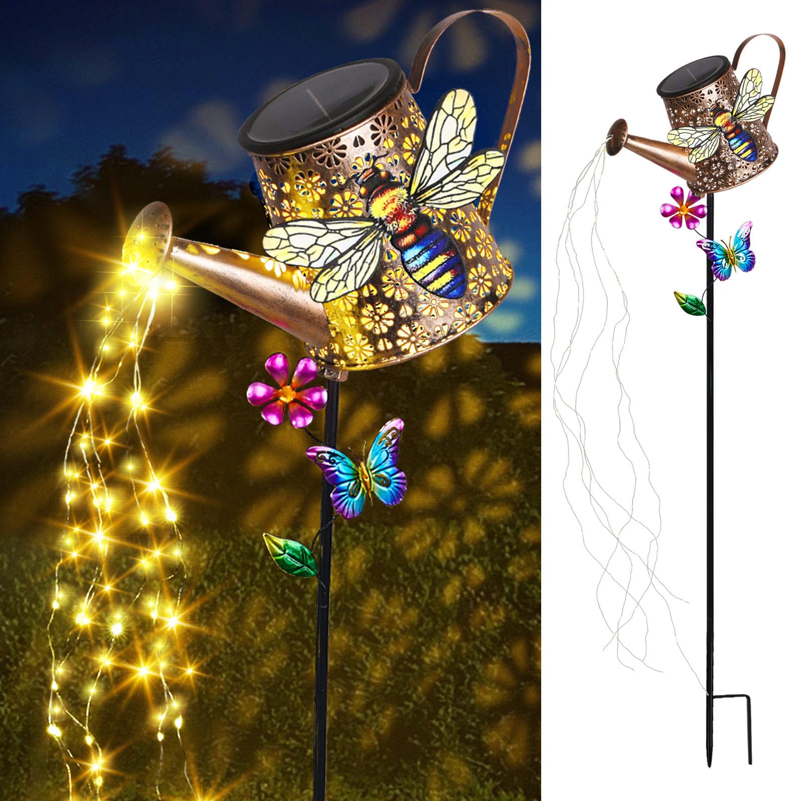 Solar Lights Outdoor Decorative, 39.4'' Metal Solar Watering Can Lights With Bee, Waterproof Garden Stake For Yard Lawn Patio Pa