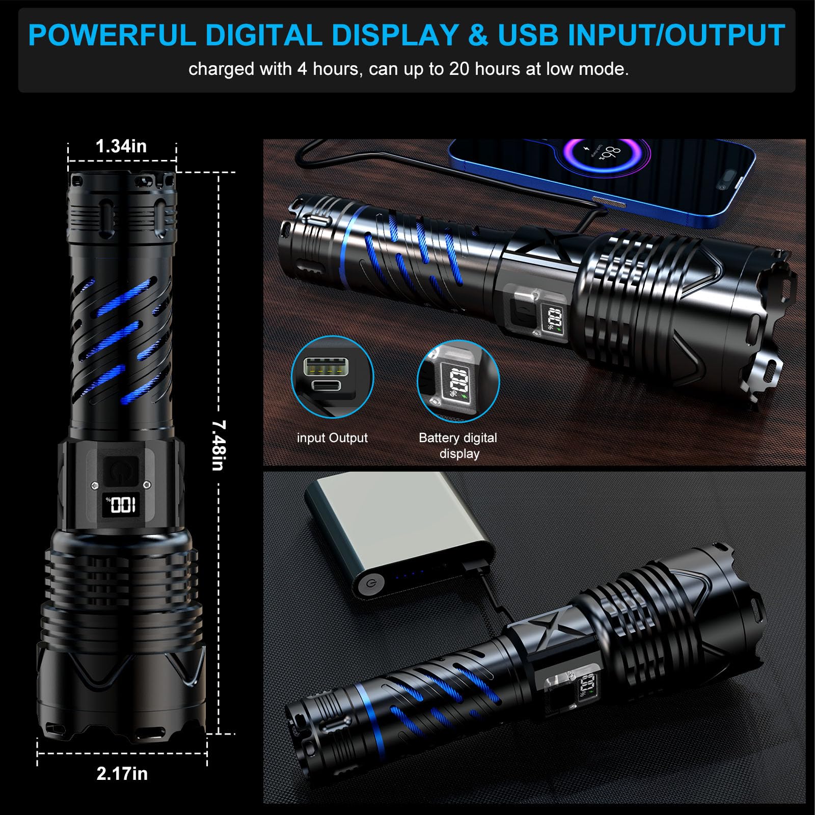 Karrong Rechargeable Flashlight, 5 Modes, Zoomable, Waterproof, Long Beam, Black, Model 001