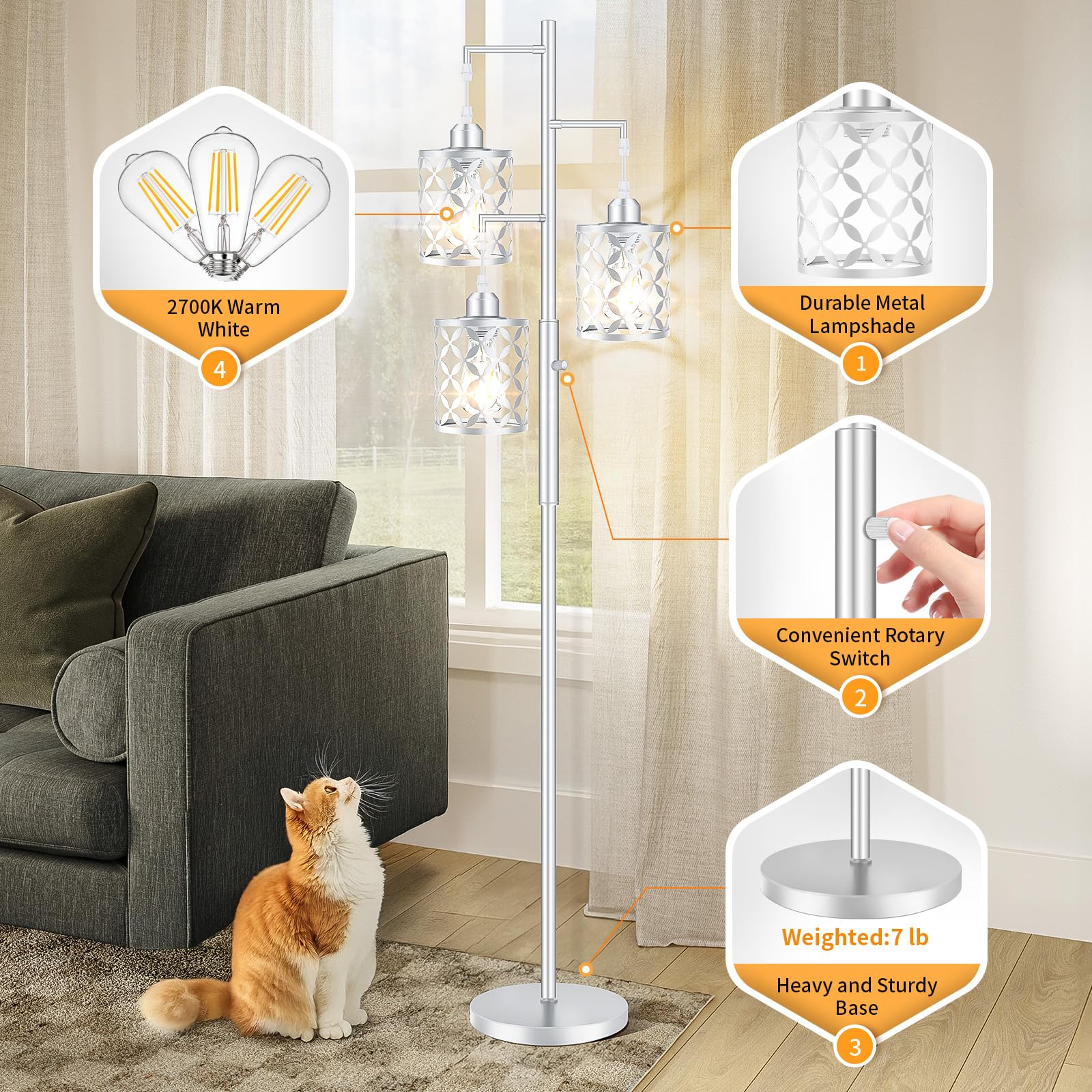 Ghoocemlux 68'' Dimmable Floor Lamp, Modern Standing Lamp With Elegant Metal Cages, Industrial Tall Tree Floor Lamps For Living