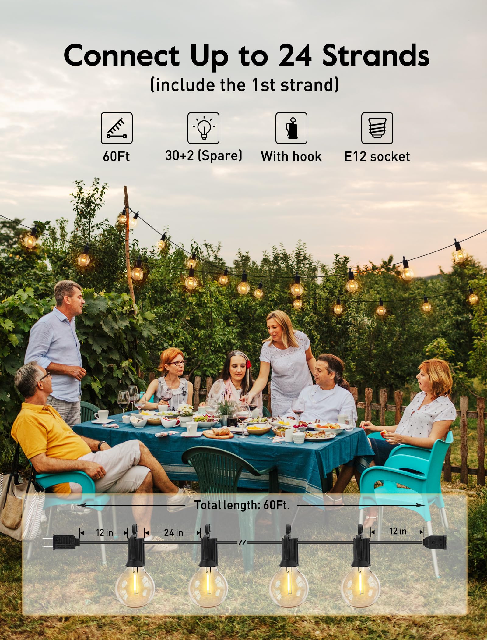 Brightown 60Ft Led Outdoor Deck Lights - 2 Pack Patio Lights With 30 Shatterproof Clear Dimmable Edison Bulbs, Waterproof Connectable Hanging Lights For Outside Backyard Porch Party Christmas Decor