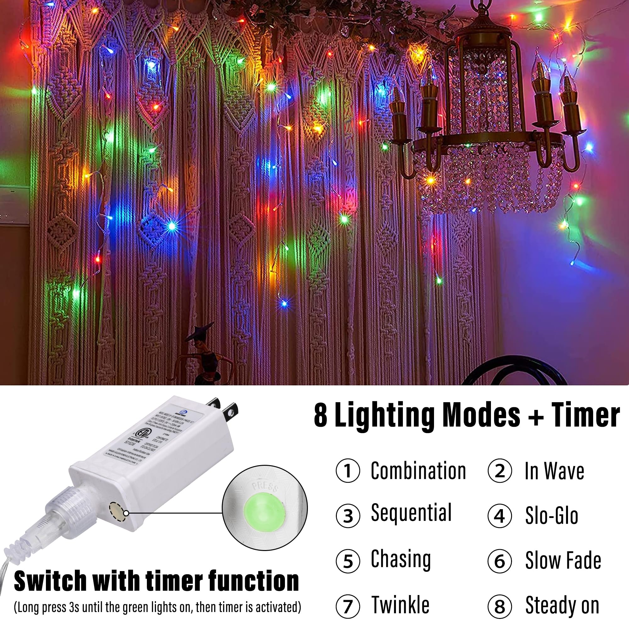Lomotech Christmas Icicle Lights - 32Ft Waterproof Multicolor Connectable with Timer, Model SSL0200-I-24V
