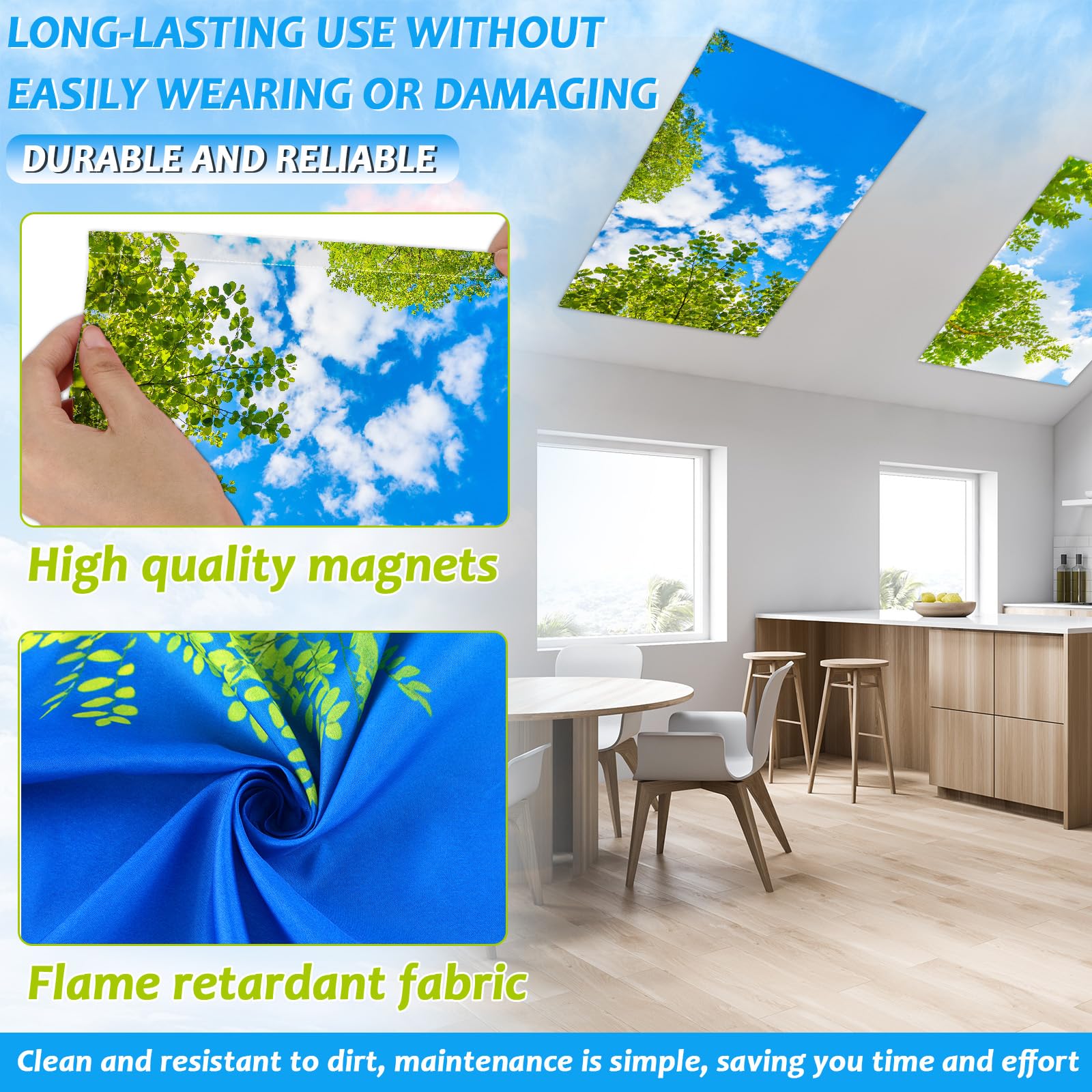 Wiooffen 8 Pcs Fluorescent Light Covers Magnetic 4x2 Feet Polyester Cloud Sky Blue Model YM0707 for Classroom & Office