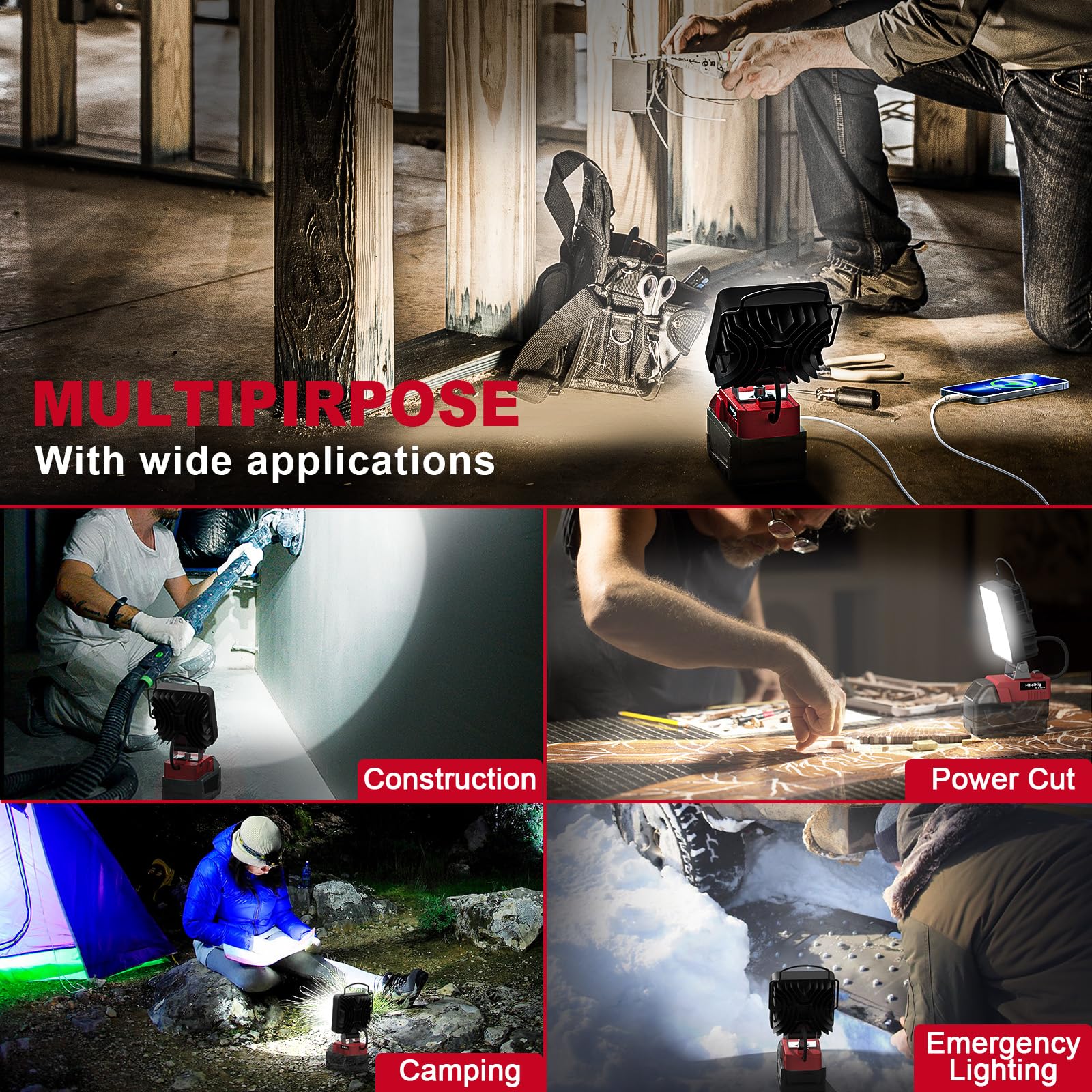 1Pack Cordless Led Work Light For Milwaukee 18V Battery, 48W 4800Lumens Battery Powered Led Flood Light For Milwaukee Tools Only With Usb & Type-C Charging For Workshop,Garage,Camping, Outdoor