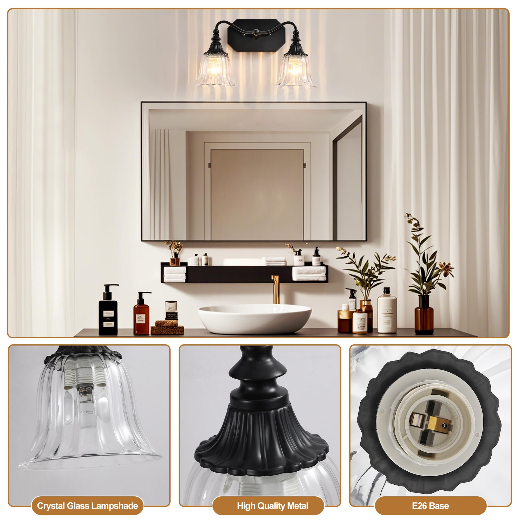 Lmnlvn Bathroom Vanity Light Fixture  2 Lights Bathroom Lighting Matte Antique Brass Finish With Crystal Glass Shade  Vintage Vanity Light For Bathrooms