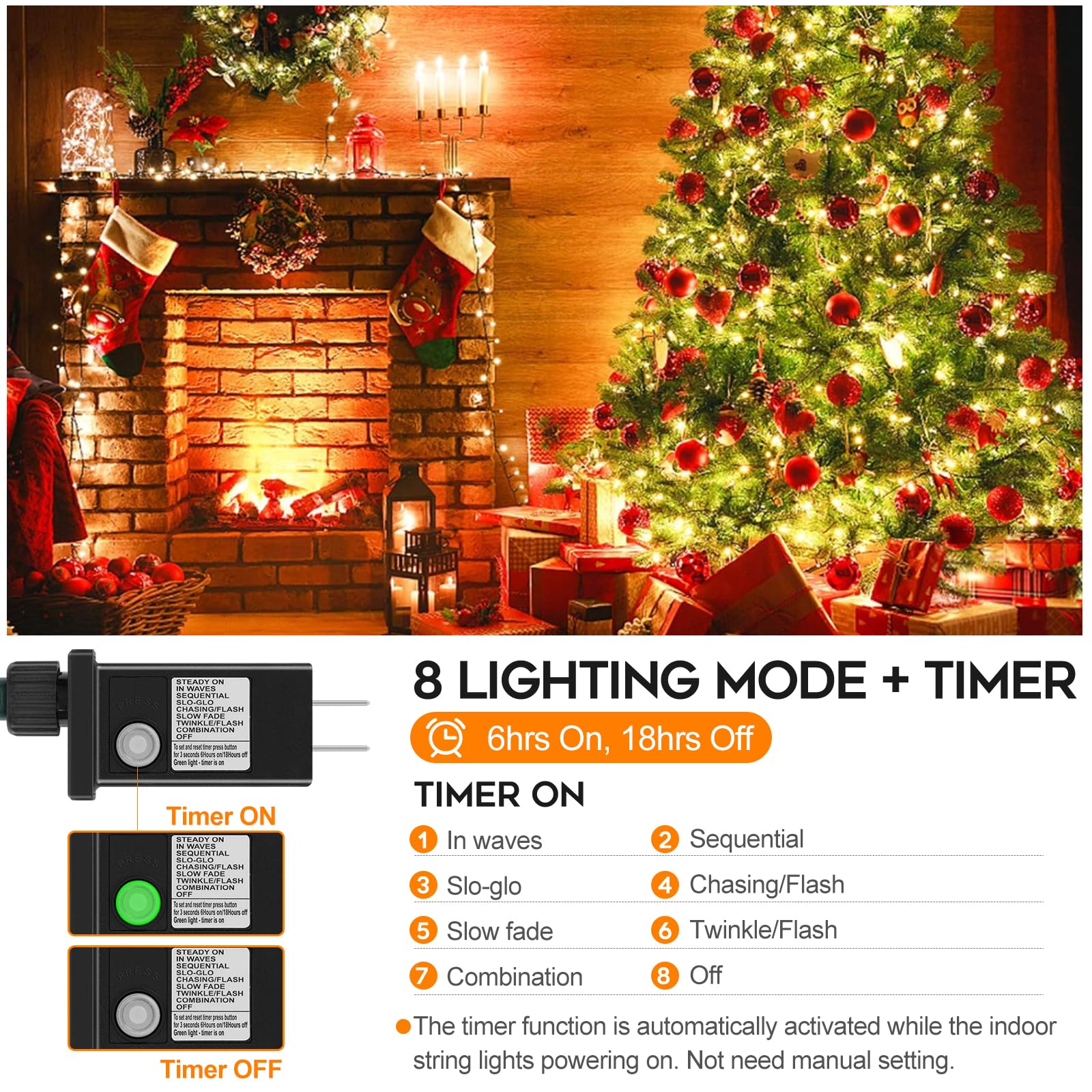 FairyGlim Extra Long 264FT 800 LED Christmas Lights, Warm White, Green Wire, 8 Modes, Model CX-36V-5000LHWW