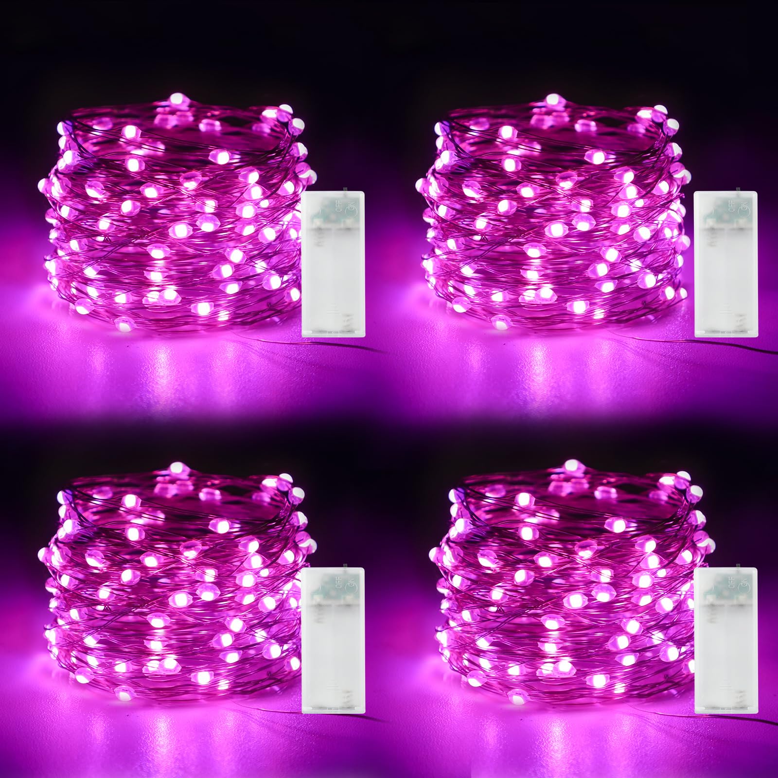Mandiq 4 Pack Fairy Lights Battery Operated, String Lights 10ft 30 LEDs, Flashing and Constant Light Mode, Silver Wire Mini Lights for Festival, Christmas Decoration, Pink