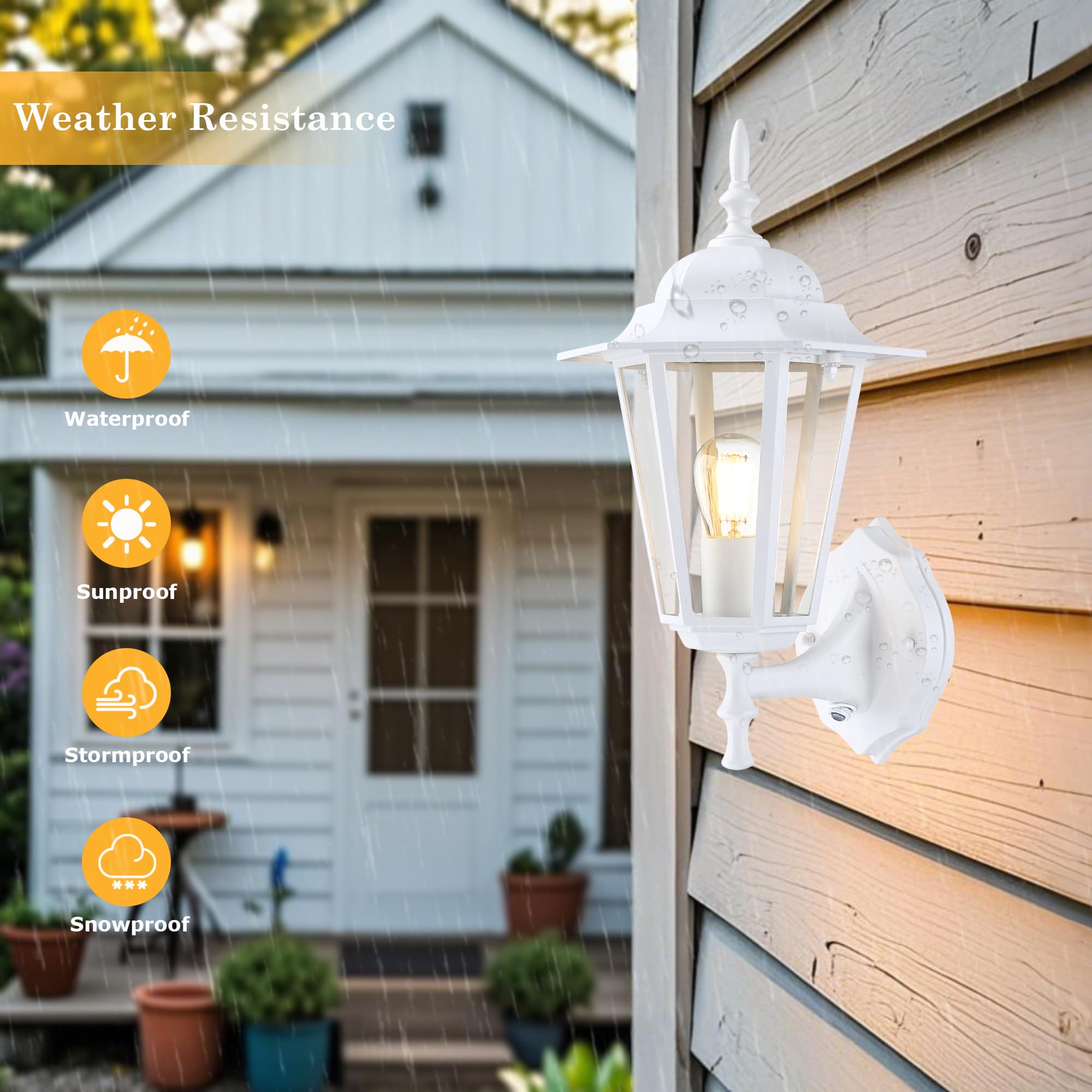 GRUENLICH Dusk to Dawn Outdoor Wall Sconce, 14in White Aluminum, Clear Glass, 2 Pack, Model GR-WL003D2D-WT-2PK