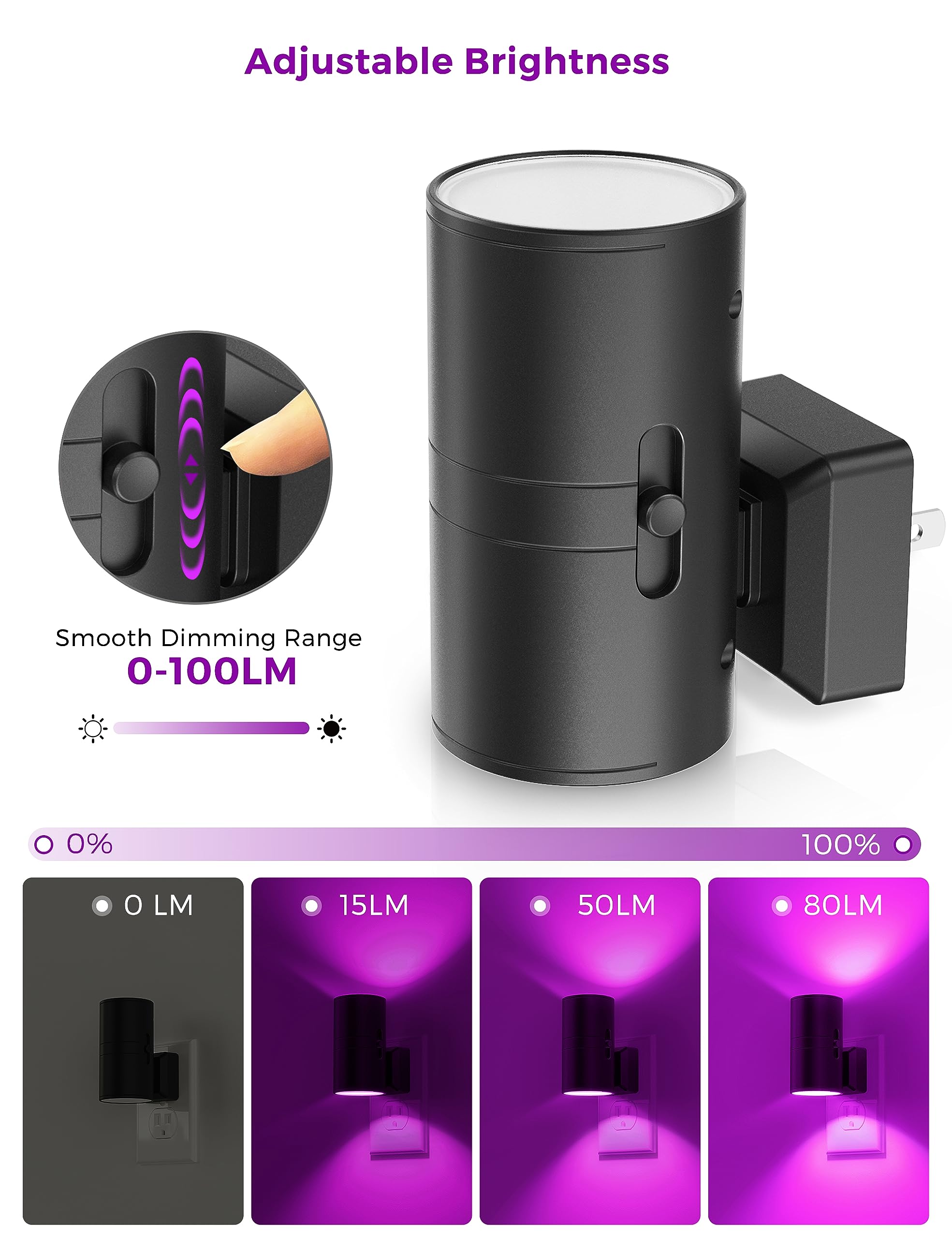 L LOHAS LED Night Light, Dimmable Plug-in, Light Sensor, 2 Pack, Purple, Model GY-063-PU-US-2