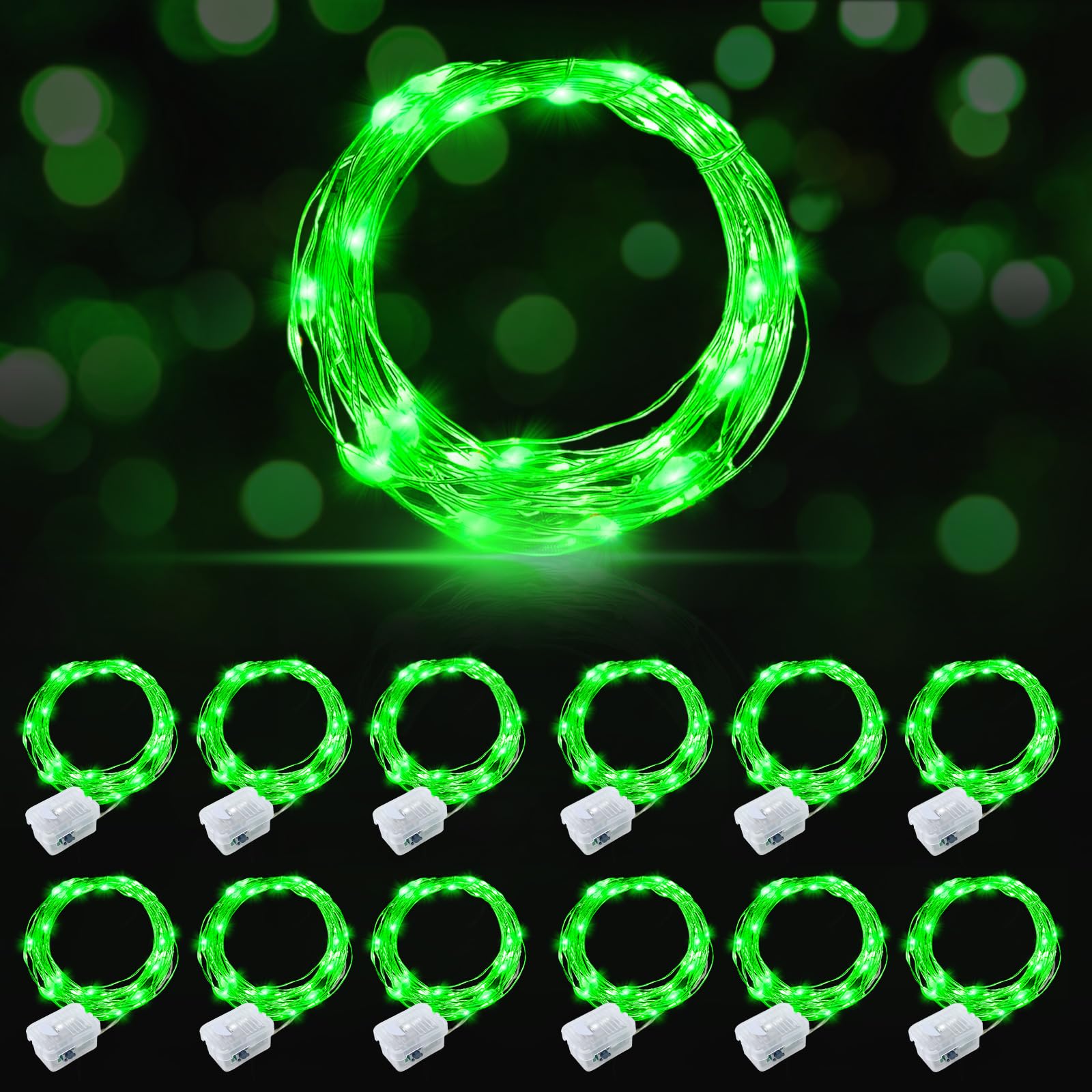 AIKEI LED Fairy Lights - Waterproof String Lights, 7ft, 20 LEDs, Battery Operated, Green, 12 Pack