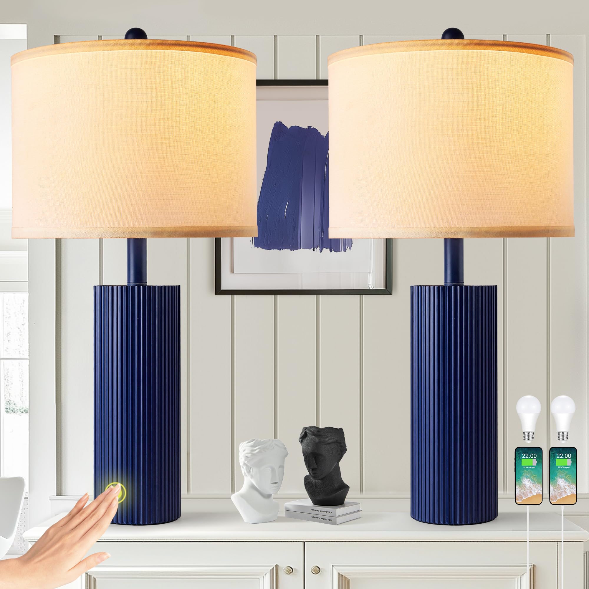 BZZMMB 24.5'' Blue Table Lamps Set of 2, Modern Living Room Touch Lamps with USB C+A Ports, 2 Bulbs Included, Table Light Fixtur