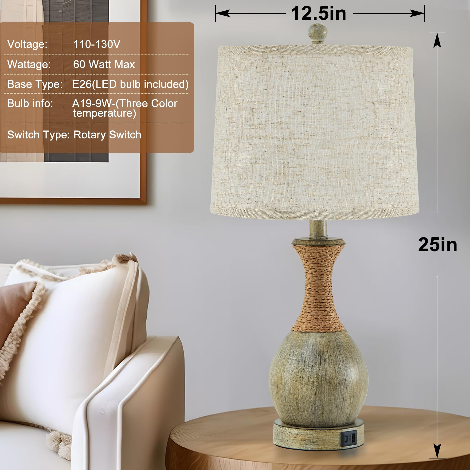 EJIAXIN Table Lamp Set of 2 - Boho Rattan Design, 3 Color Temperatures, USB Charging, Gray - Ideal for Bedroom and Living Room