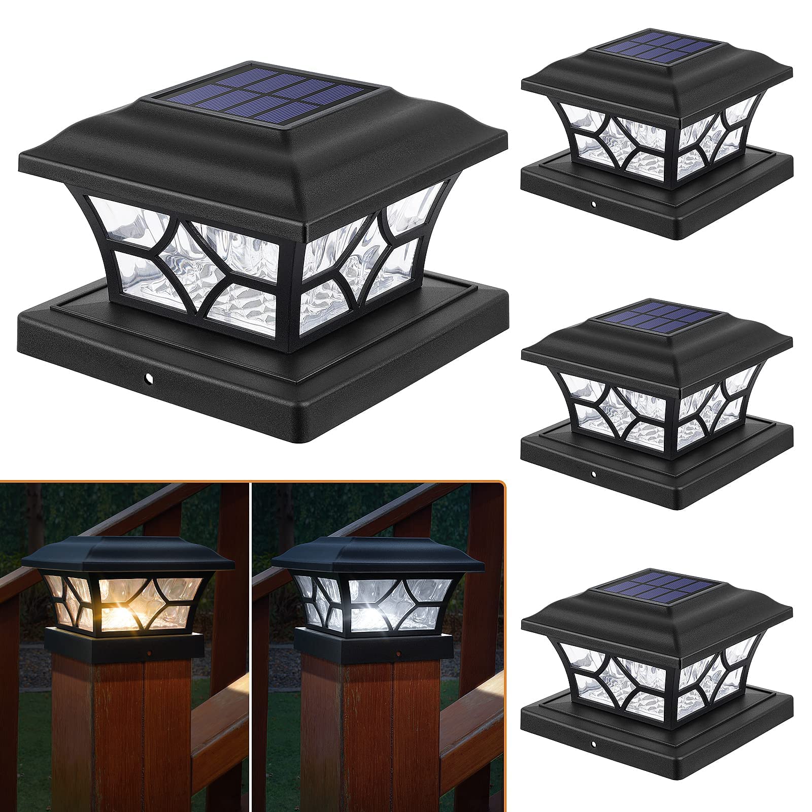 APONUO Solar Post Cap Lights, IP64 Waterproof, 2 Modes, 1000mAh, Black, 4 Pack, Fits 4x4 and 6x6 Posts, Model