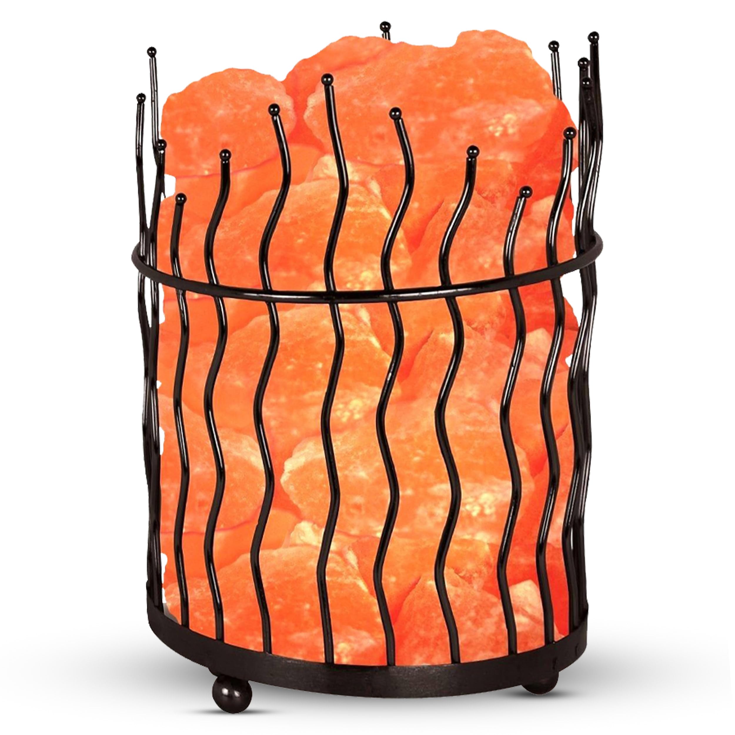 Himalayan Glow Tall Round Metal Basket Lamp with Dimmer Switch, Natural Himalayan Salt, 8-10 lbs, Orange, Model D-1332