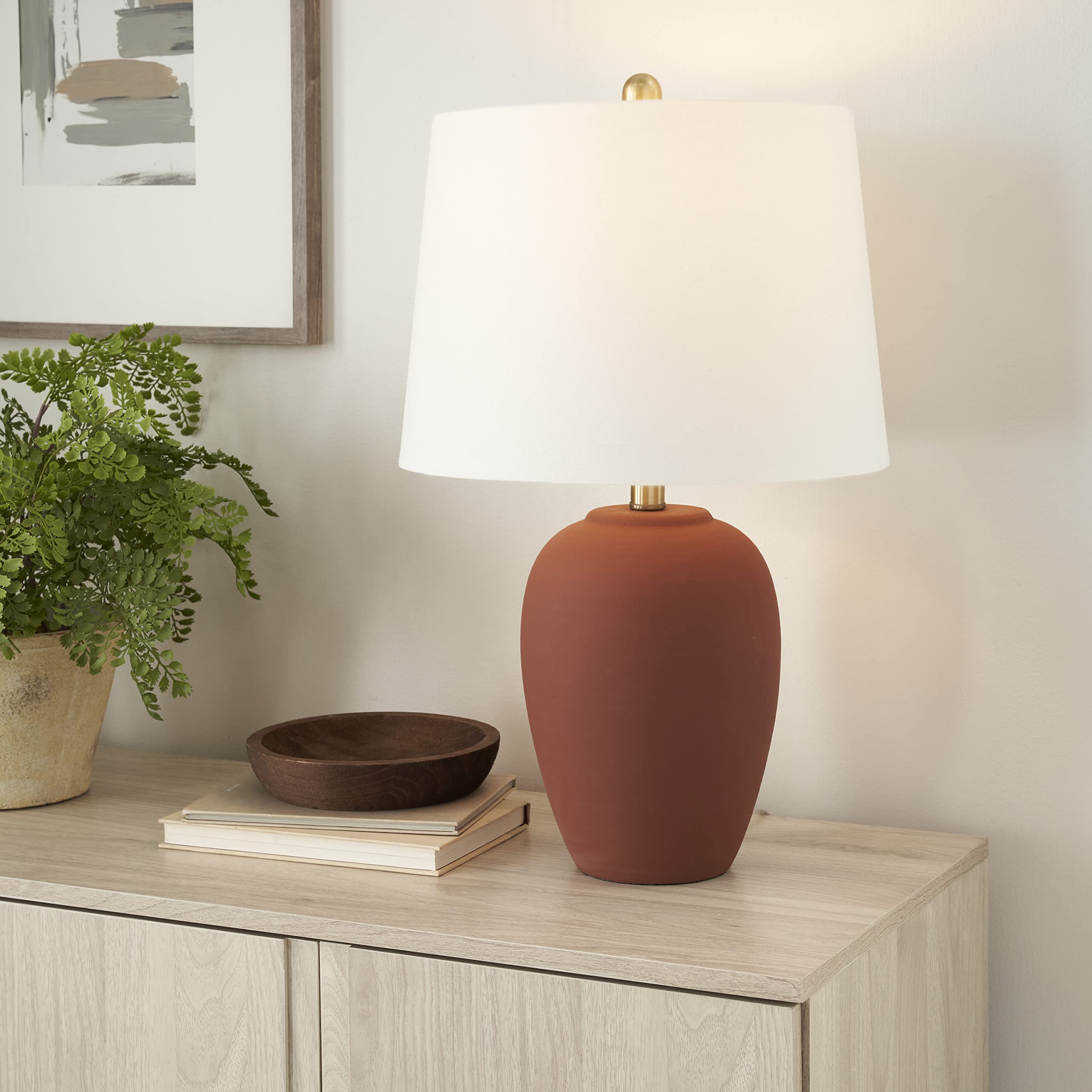 Nourison 23'' Rust Orange Ceramic Pot Table Lamp For Bedroom, Living Room, Dining Office, With White Tapered Drum Shade