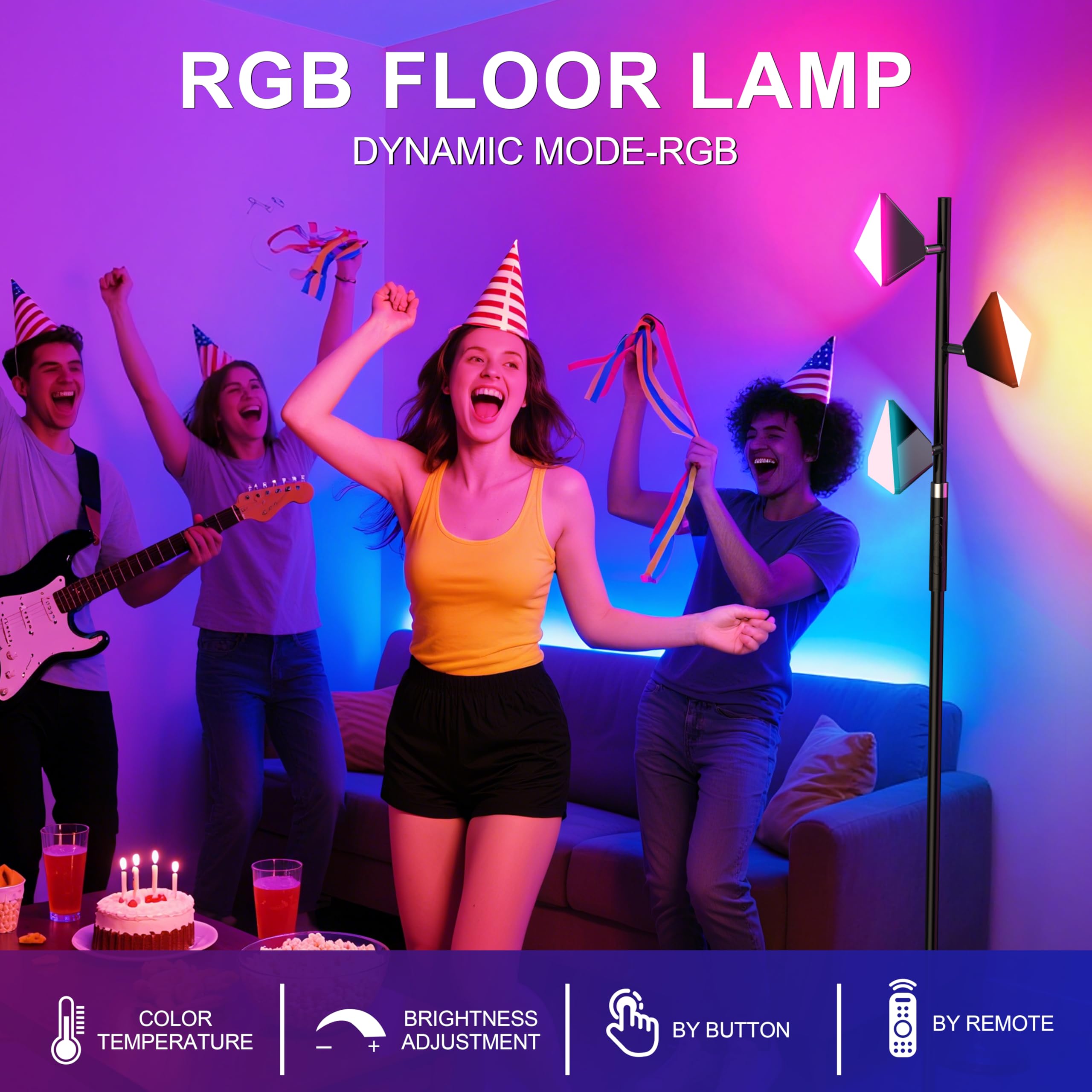 PARTPHONER RGB Tree Floor Lamp, Black, Stepless Dimmable, Remote & Touch Control, 3 Rotatable Lights, Model FLA-036-A2