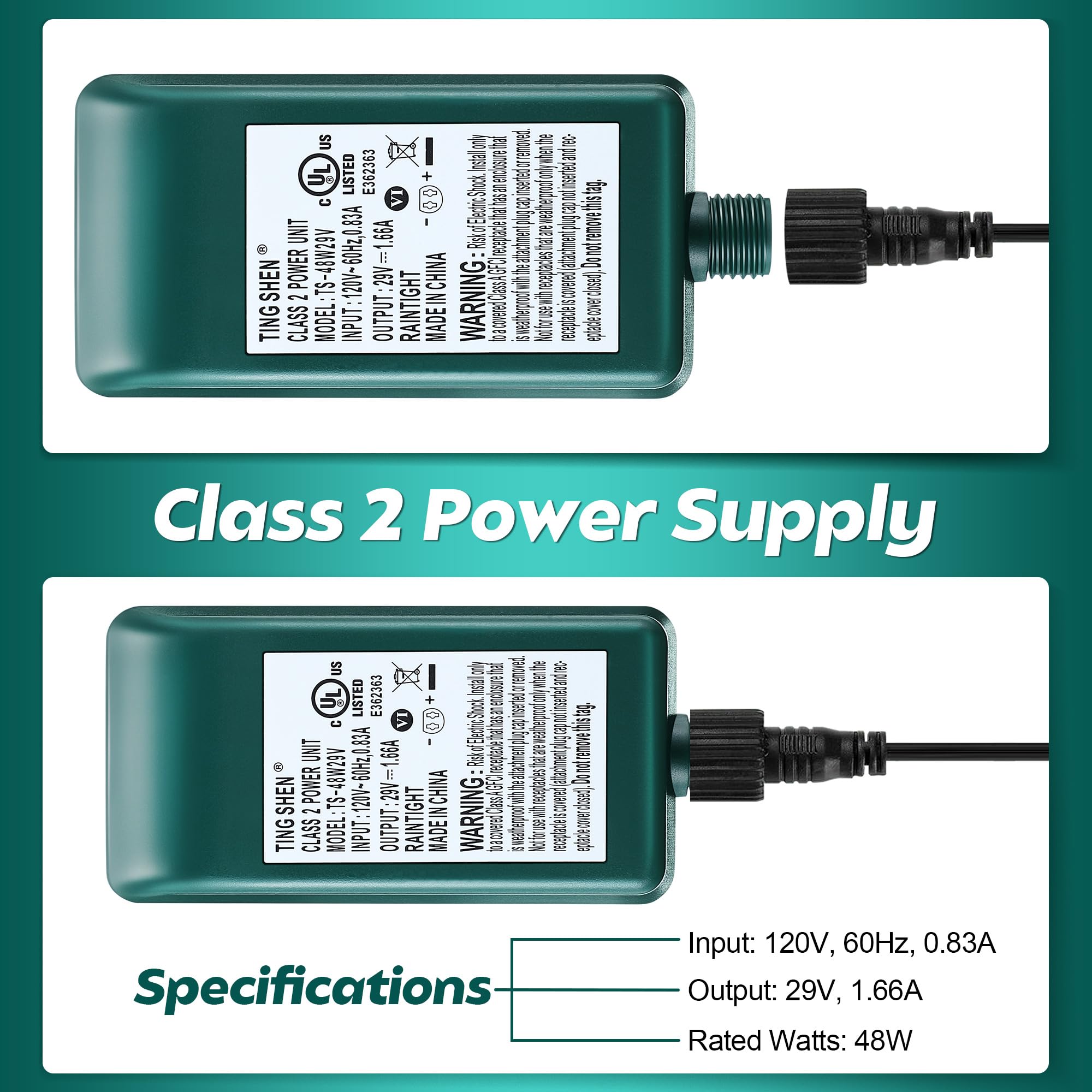 Enhon 29V LED Power Supply, UL Certified Class 2 Transformer, Green, Model TS-48W29V, Low Voltage US Plug Adapter for Lights