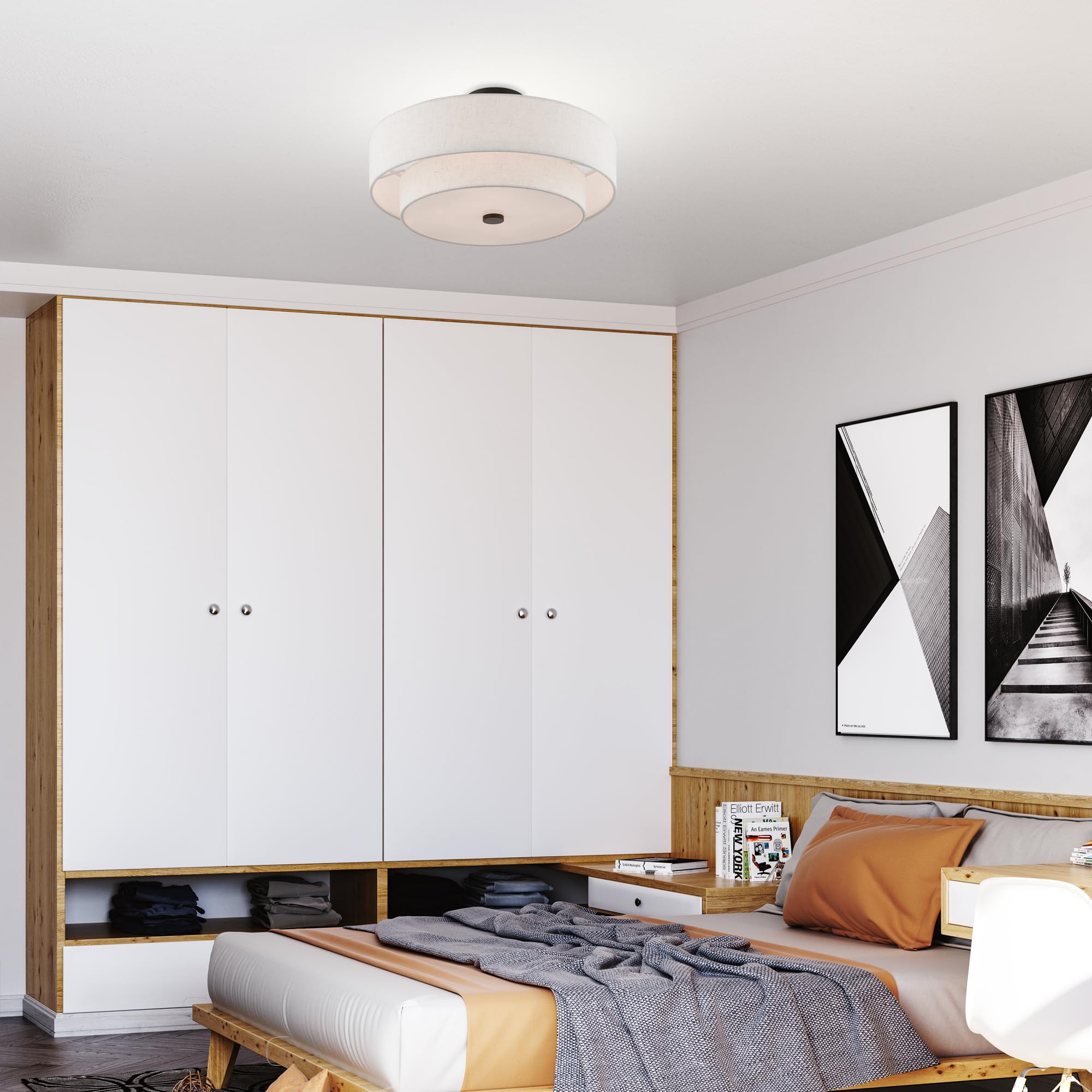 Livex Lighting 4-Light Semi Flush Mount Fixture, Oatmeal Fabric Shade, 18inL x 18inW x 9inH, English Bronze, Model 51085-92