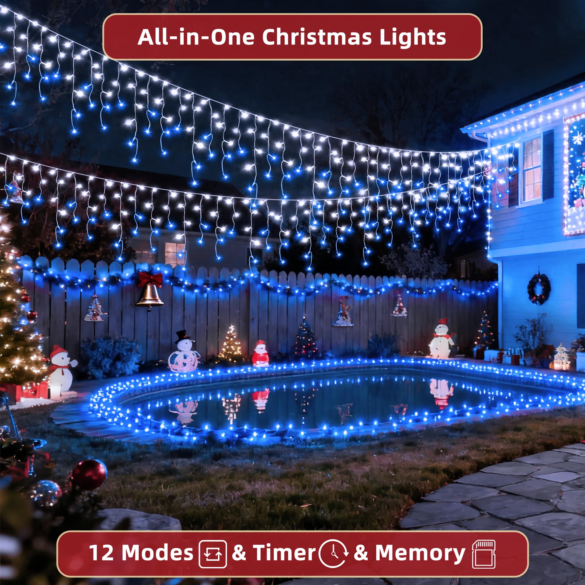 YHBJKCZ LED Christmas Lights Outdoor 164 FT 360 Drops 12 Modes Dimmable Blue & Cool White Model HS-1620L