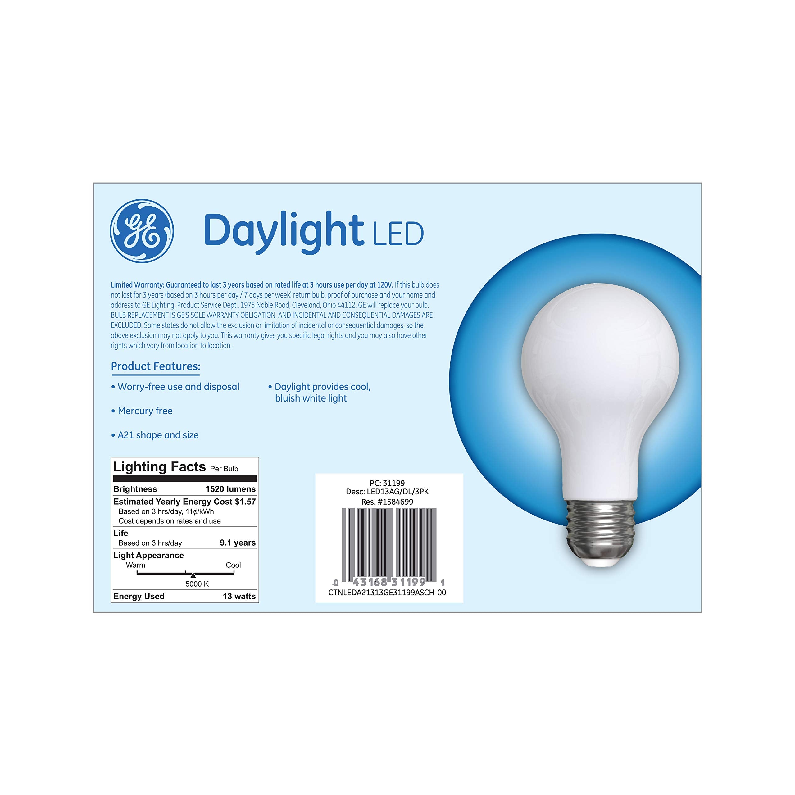 Ge Lighting 31199 Frosted General Purpose Classic Shape A21 Daylight Led 13-Watt (100-Watt Replacement), 1520-Lumen Medium Base,